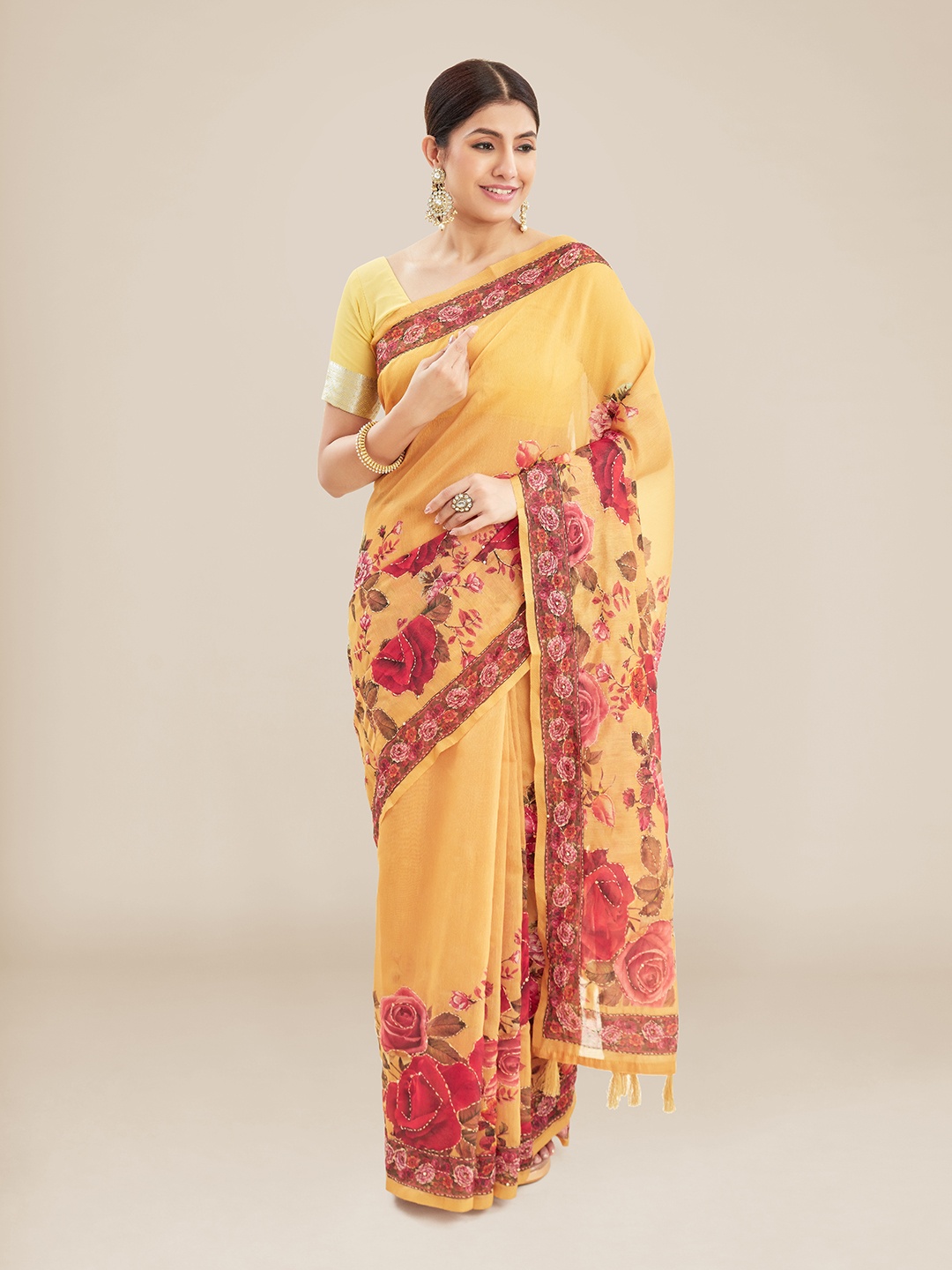 

Kalyan Silks Floral Bhagalpuri Saree, Yellow