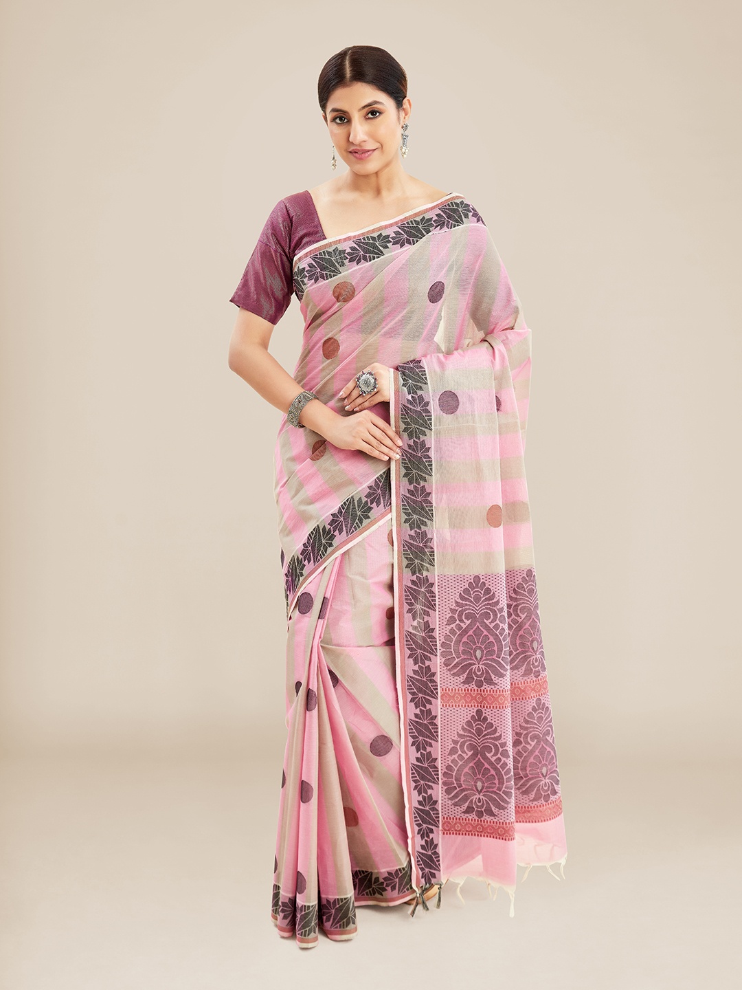 

Kalyan Silks Striped Woven Design Pure Cotton Taant Saree, Pink