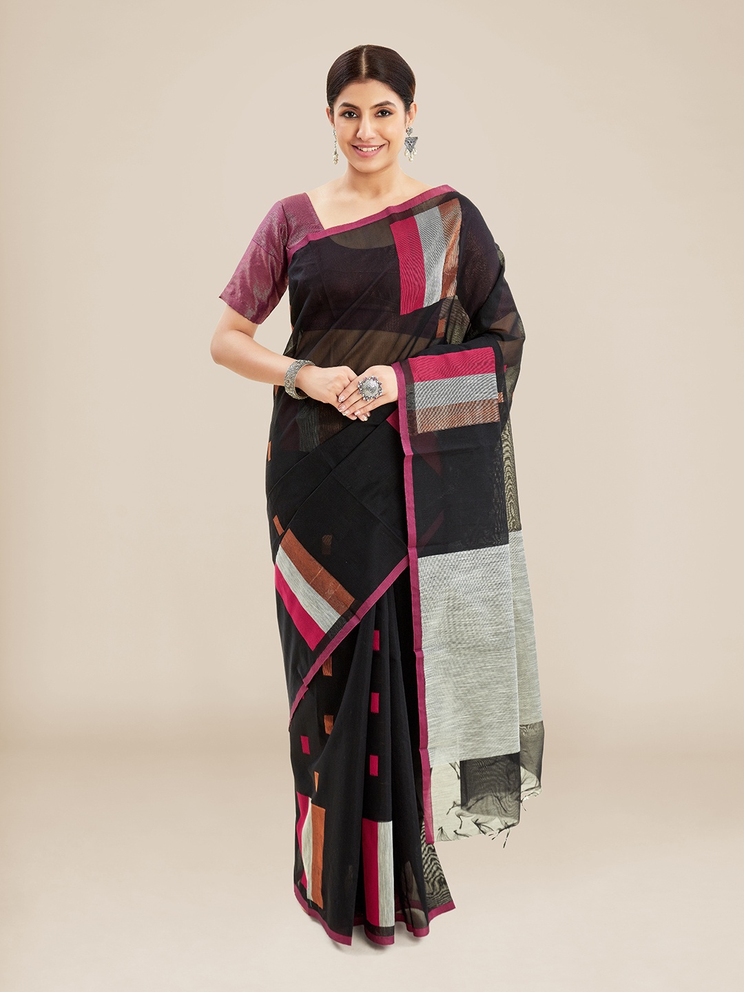 

Kalyan Silks Geometric Woven Design Silk Cotton Chanderi Saree, Black