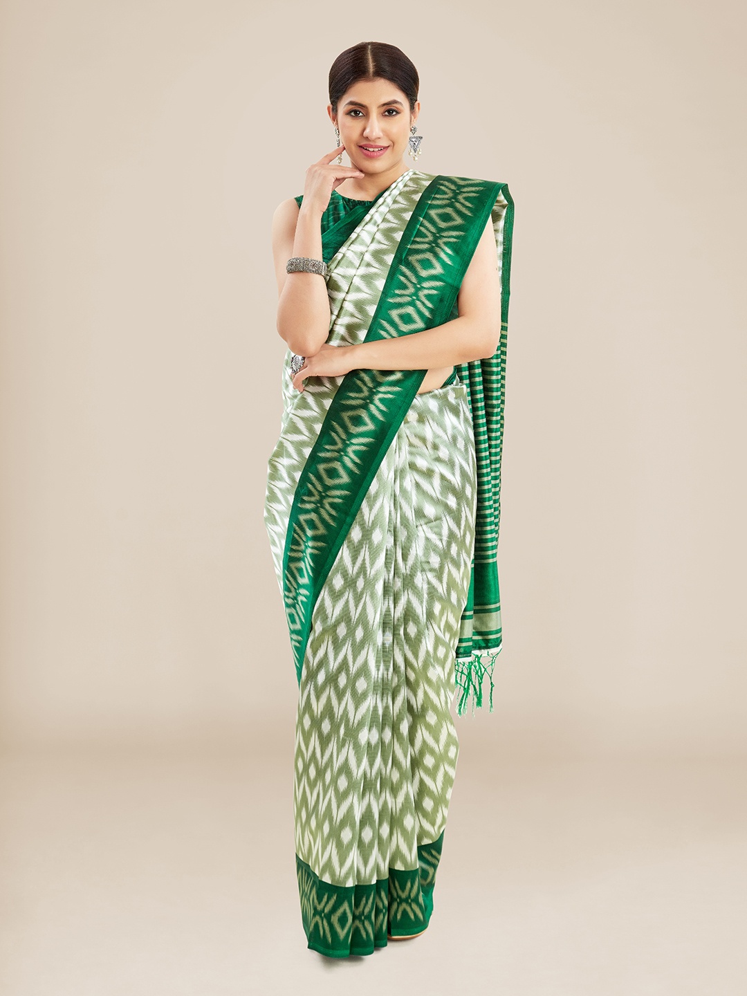 

Kalyan Silks Chevron Printed Ikat Saree, Green