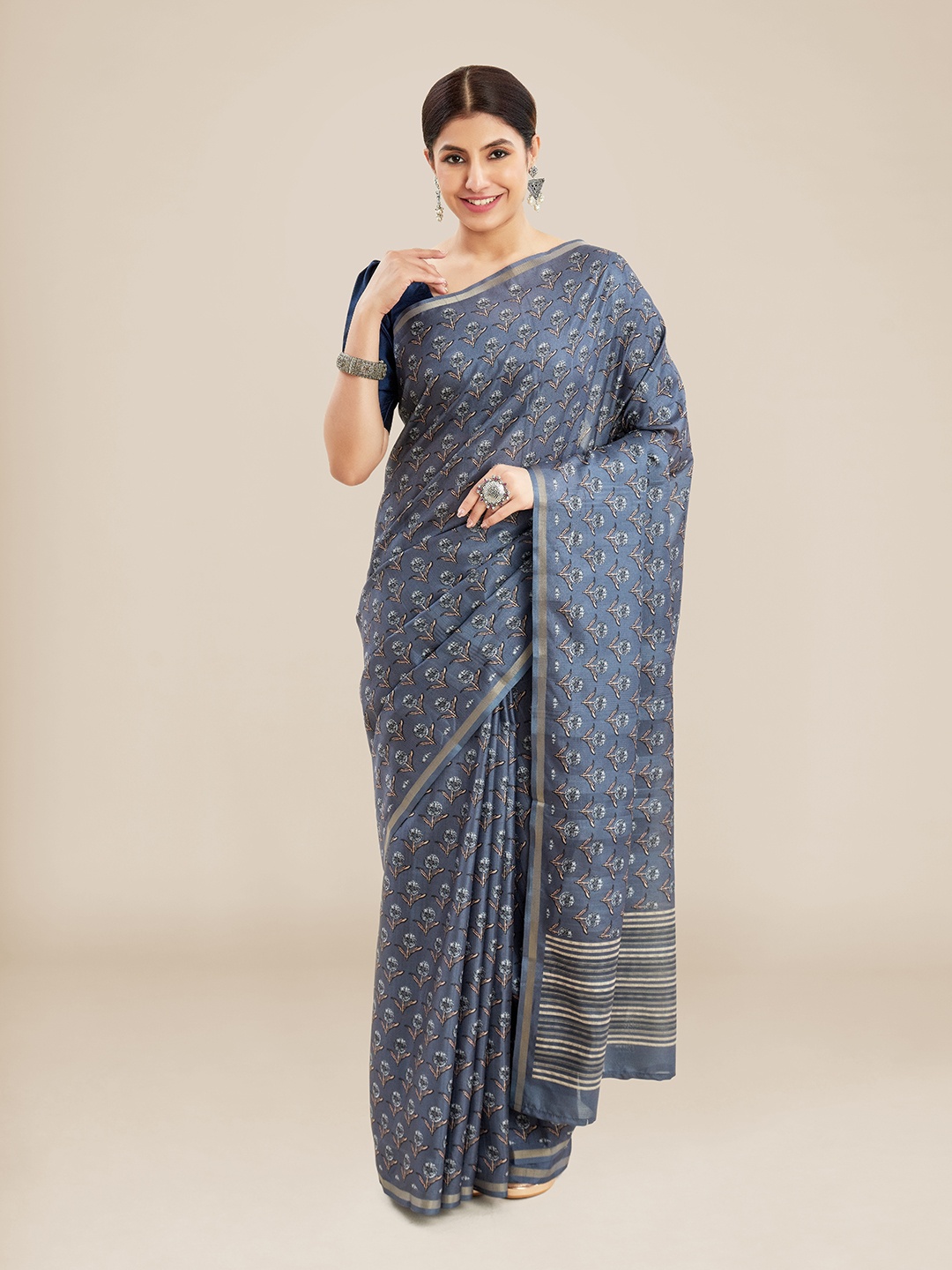 

Kalyan Silks Floral Printed Zari Tussar Saree, Blue