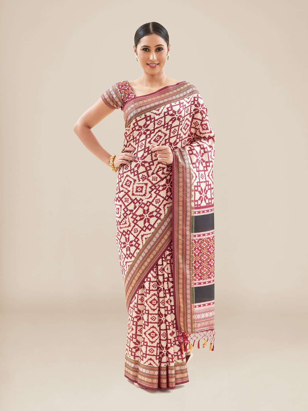 

Kalyan Silks Ajrak Block Printed Patola Saree, Off white