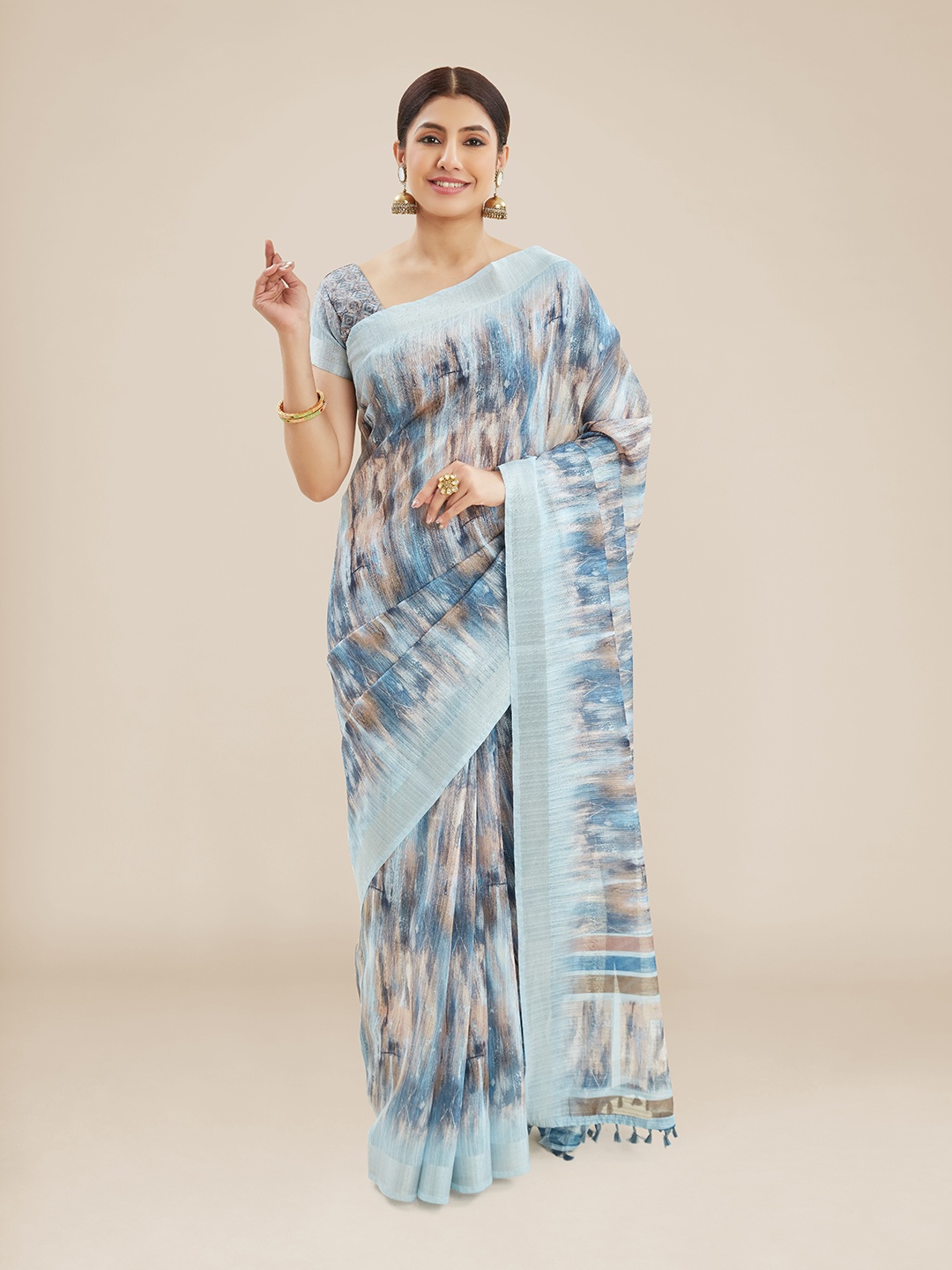 

Kalyan Silks Abstract Jute Silk Tussar Zari Saree With Tassel, Grey