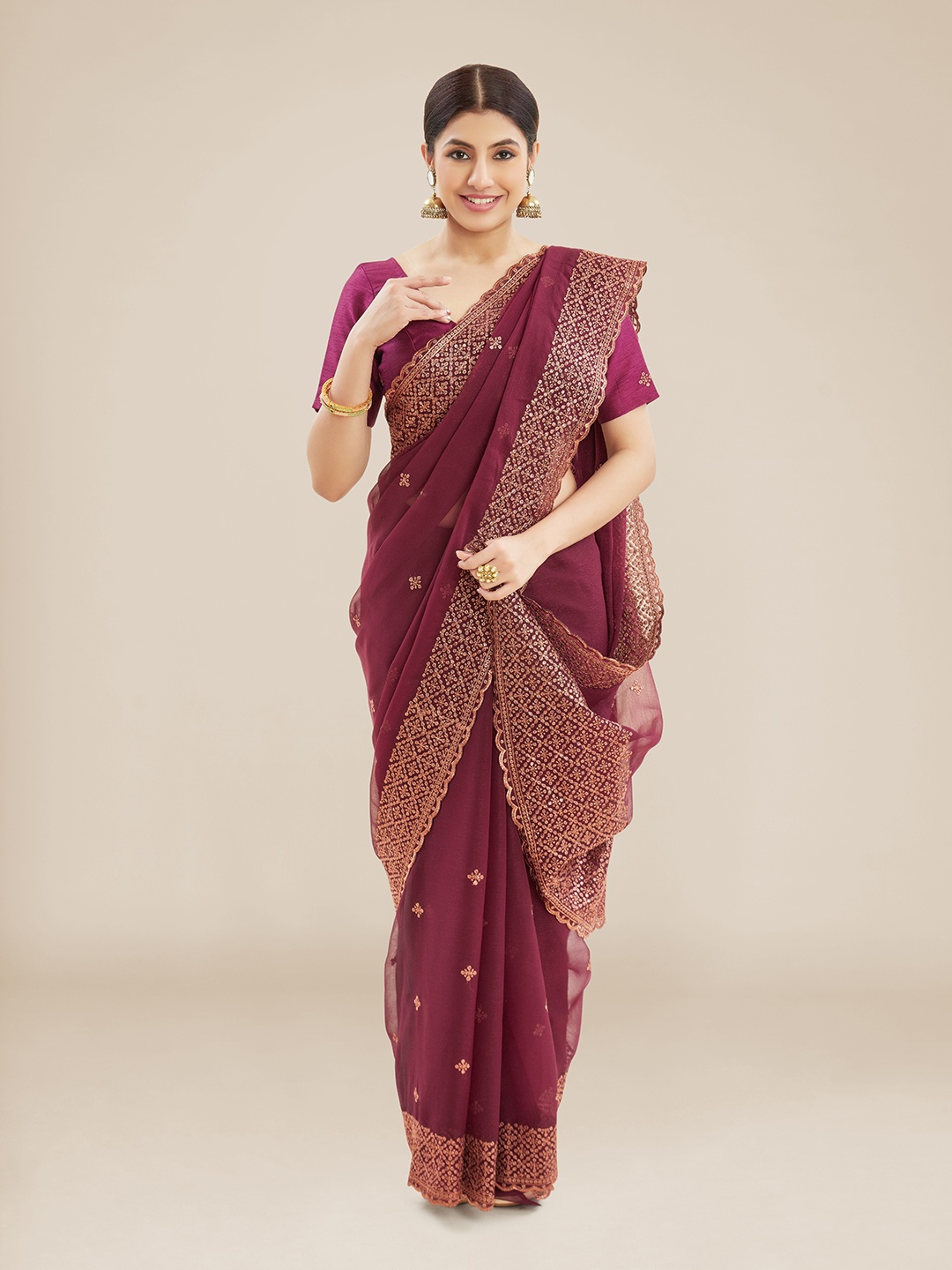 

Kalyan Silks Embellished Sequinned Saree, Maroon