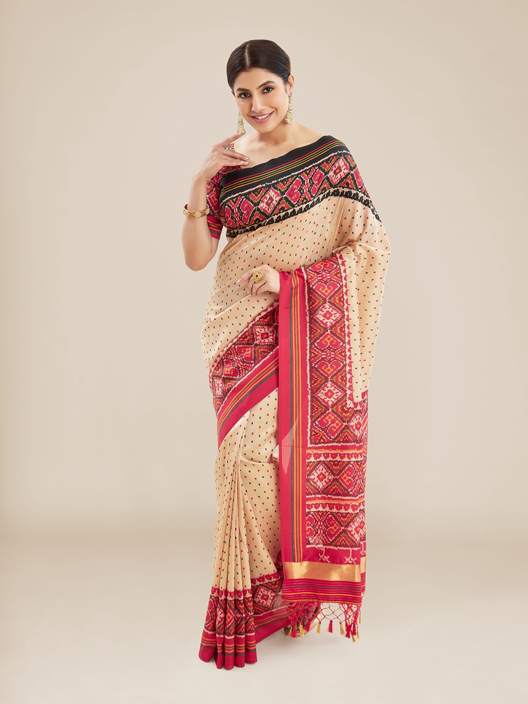 

Kalyan Silks Polka Dot Patola Saree, Beige