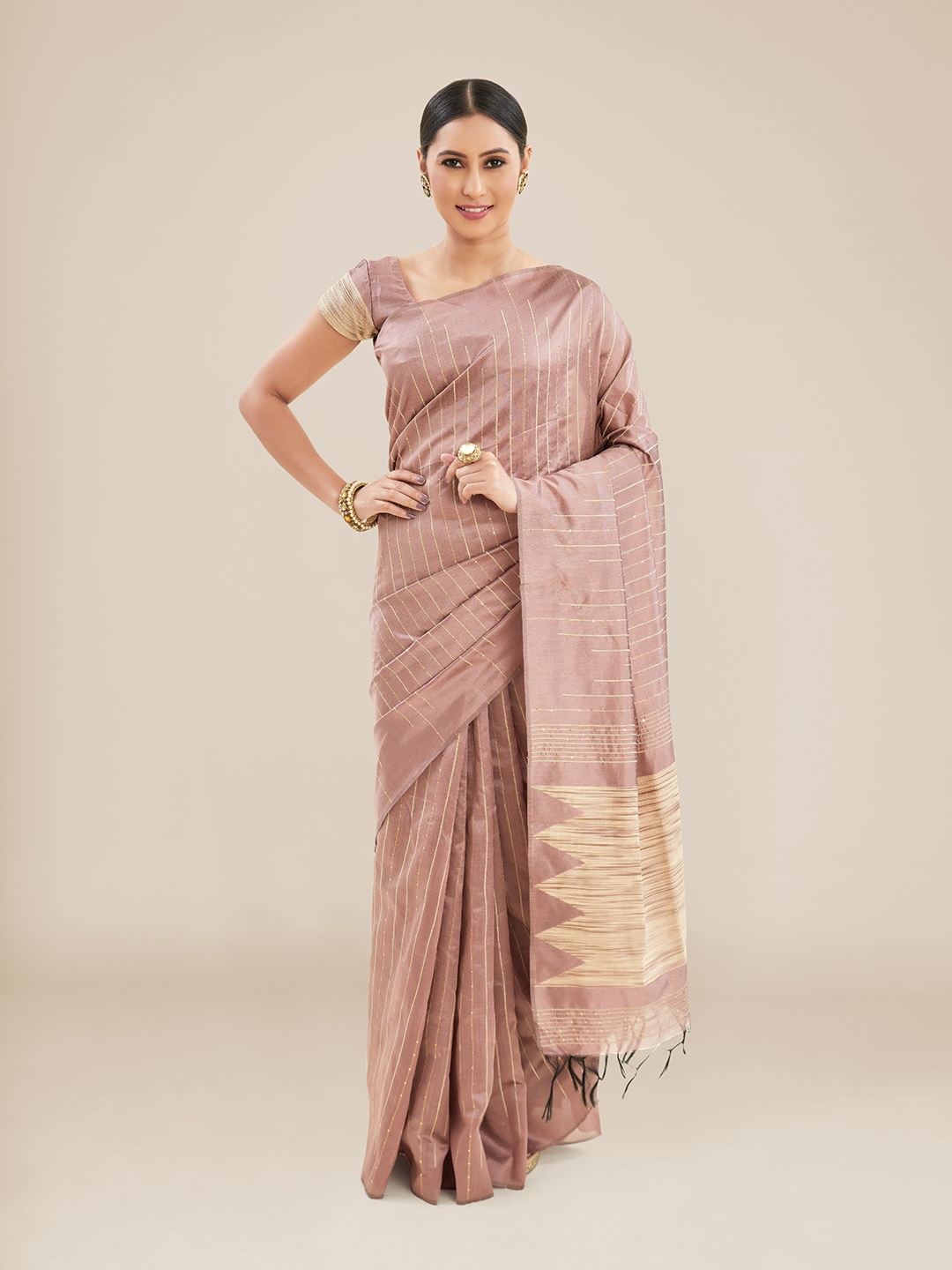 

Kalyan Silks Striped Sequinned Jute Silk Tussar Saree, Mauve