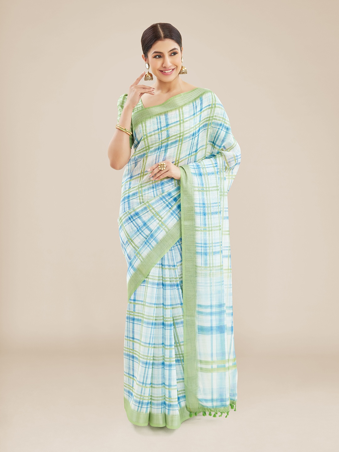 

Kalyan Silks Checked Tussar Saree, Blue