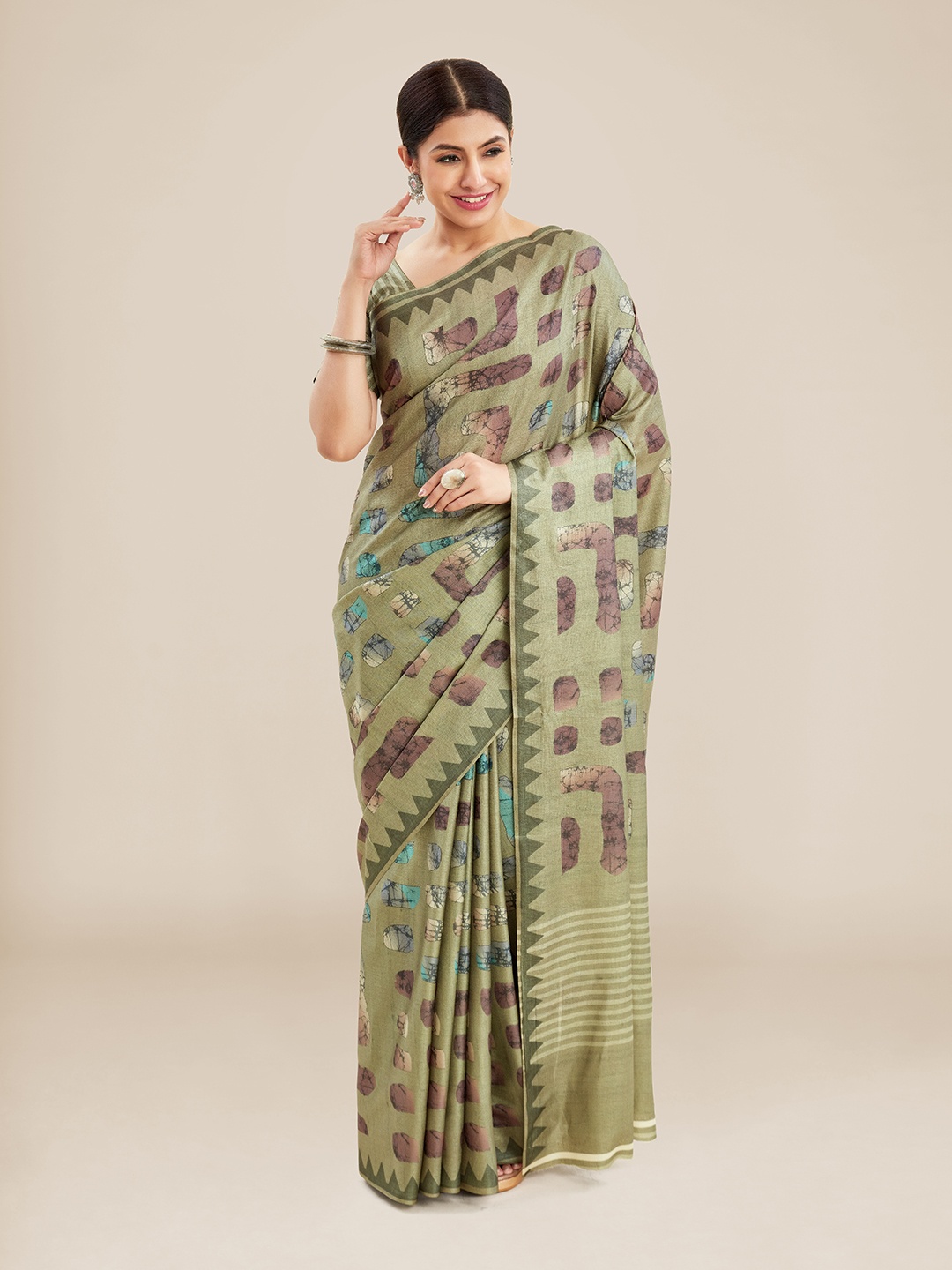

Kalyan Silks Abstract Printed Chanderi Saree, Green