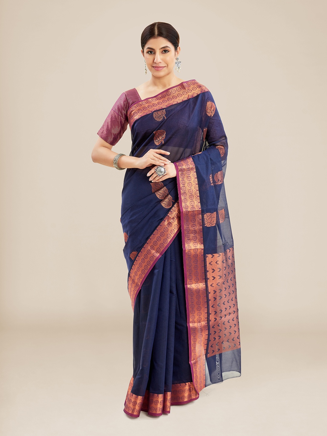 

Kalyan Silks Ethnic Motif Woven Jamdani Zari Saree, Blue