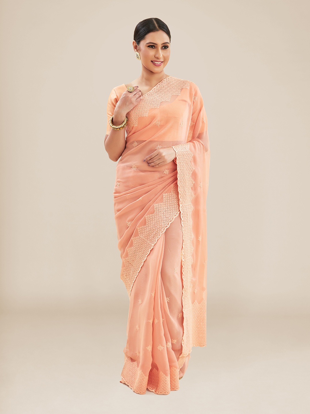 

Kalyan Silks Embroidered Poly Chiffon Chanderi Saree, Orange