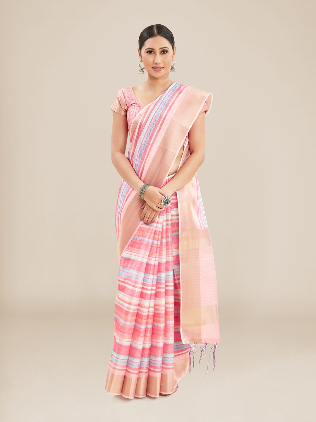 

Kalyan Silks Striped Zari Jamdani Saree, Pink