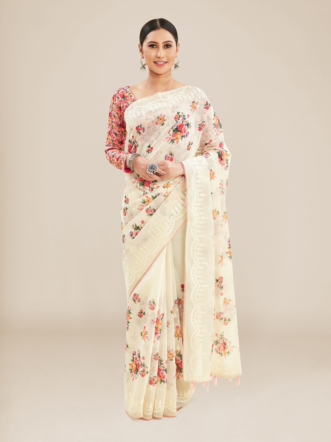 

Kalyan Silks Floral Embroidered Linen Blend Bhagalpuri Saree, Beige