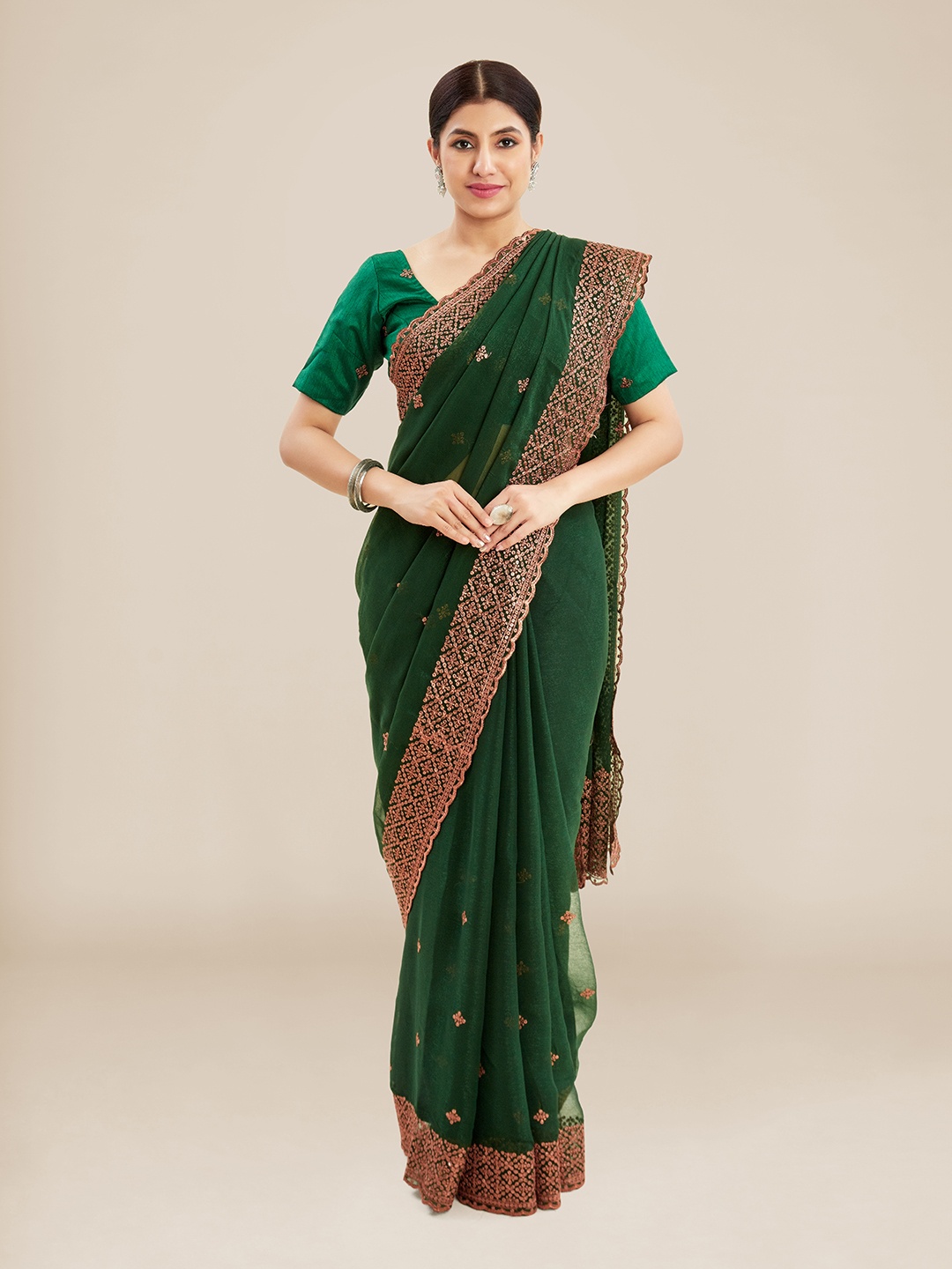 

Kalyan Silks Sequin Embellished Saree, Green