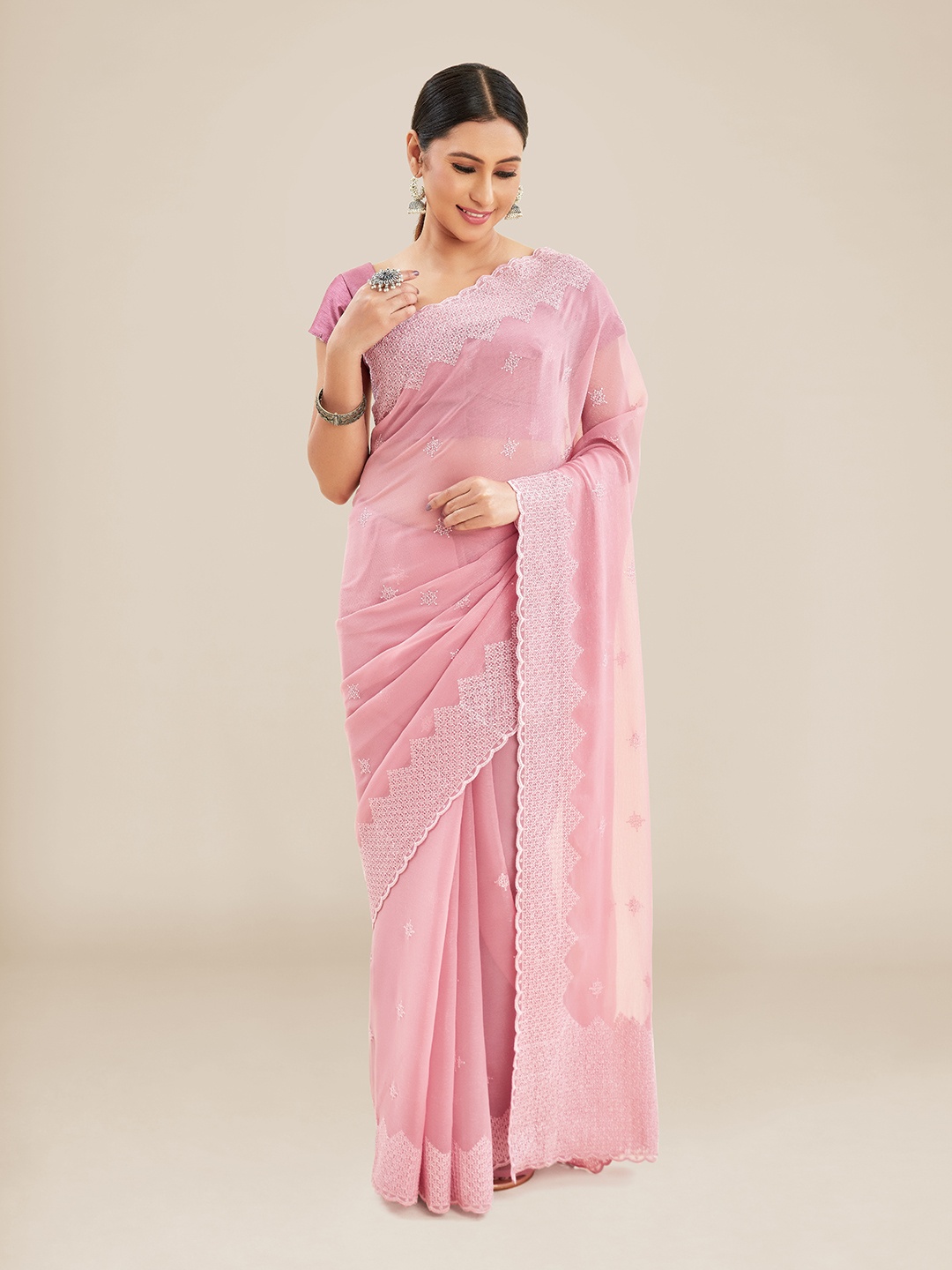 

Kalyan Silks Floral Embroidered Chanderi Saree, Pink