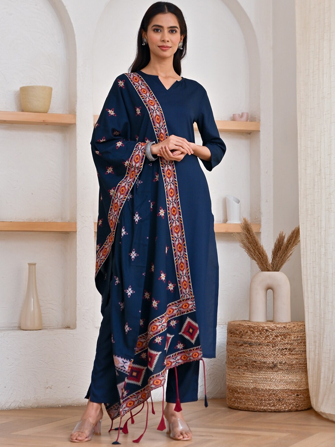 

Rustorange Kurta With Trousers & Dupatta, Navy blue