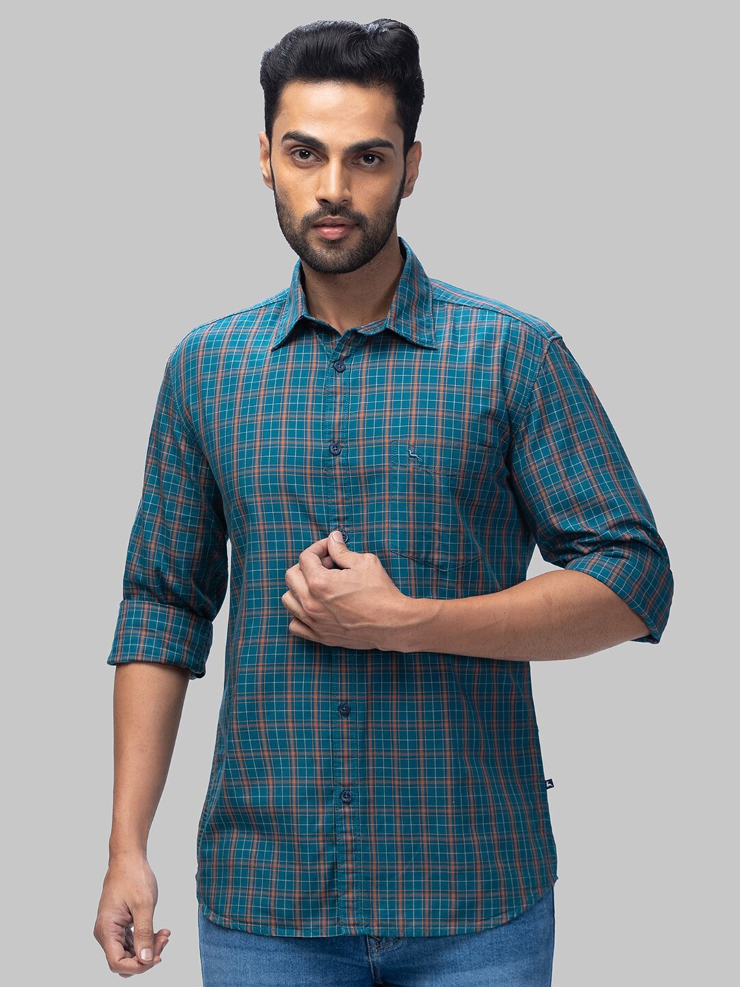 

Parx Slim Fit Tartan Checks Cotton Casual Shirt, Teal