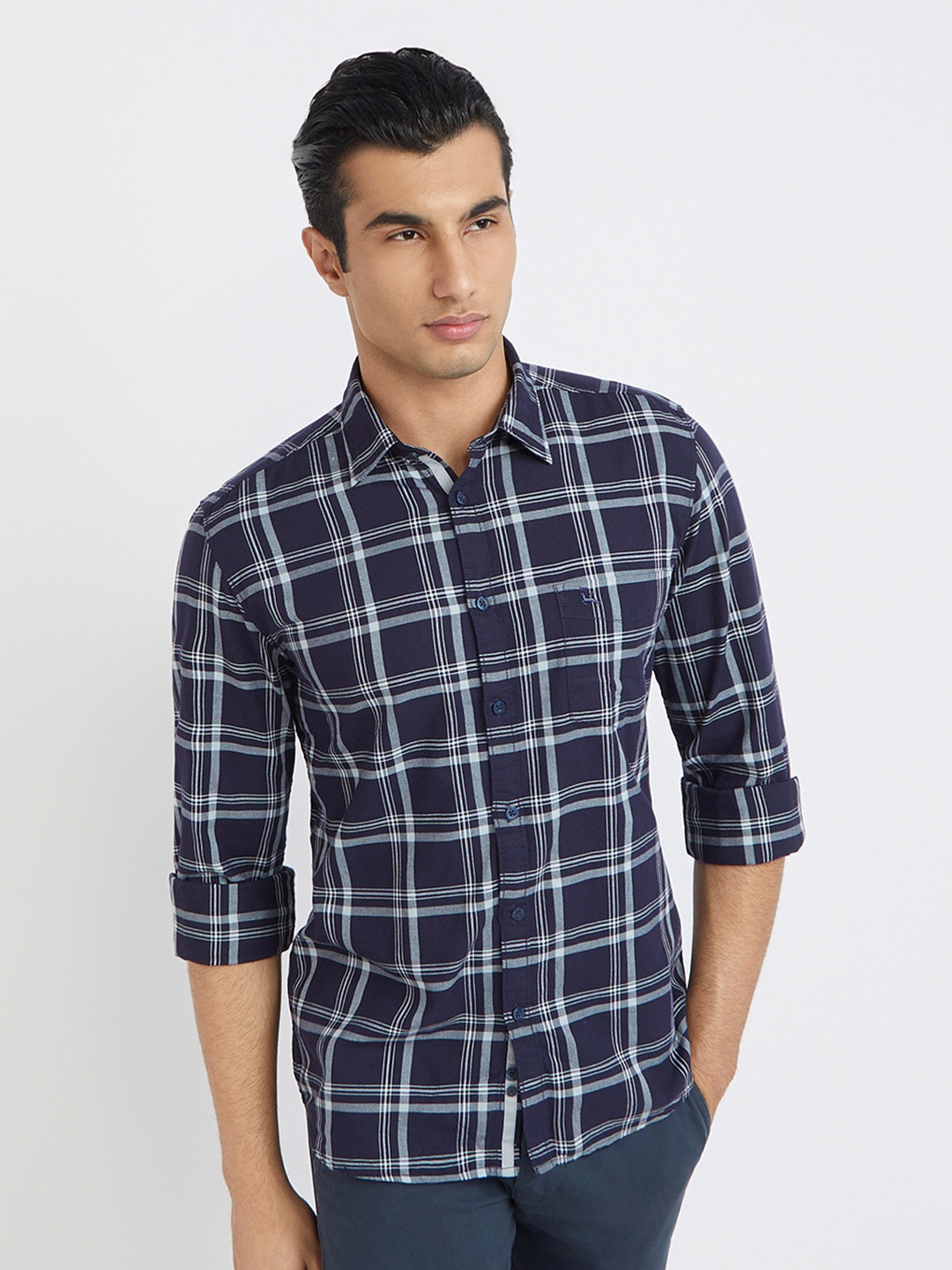 

Parx Slim Fit Tartan Checks Cotton Casual Shirt, Navy blue