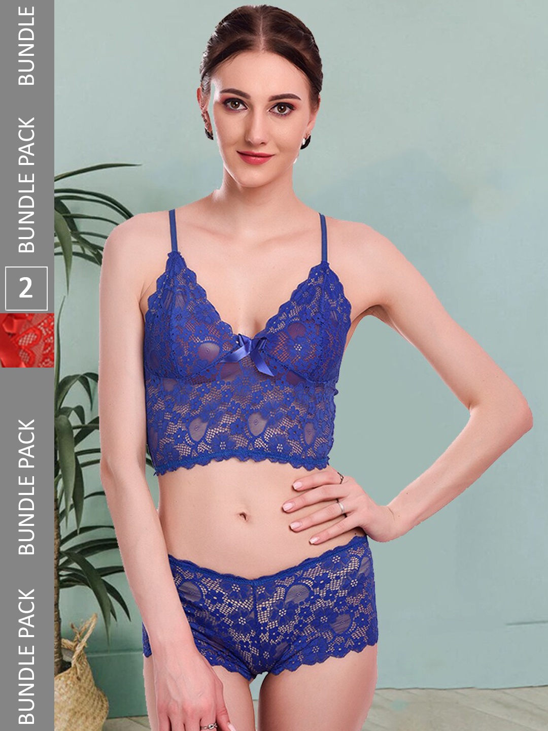 

Fleurt Pack Of 2 Self-Design Lace Lingerie Set Fleurt-Set-170-R.BL-206-RD-S, Red