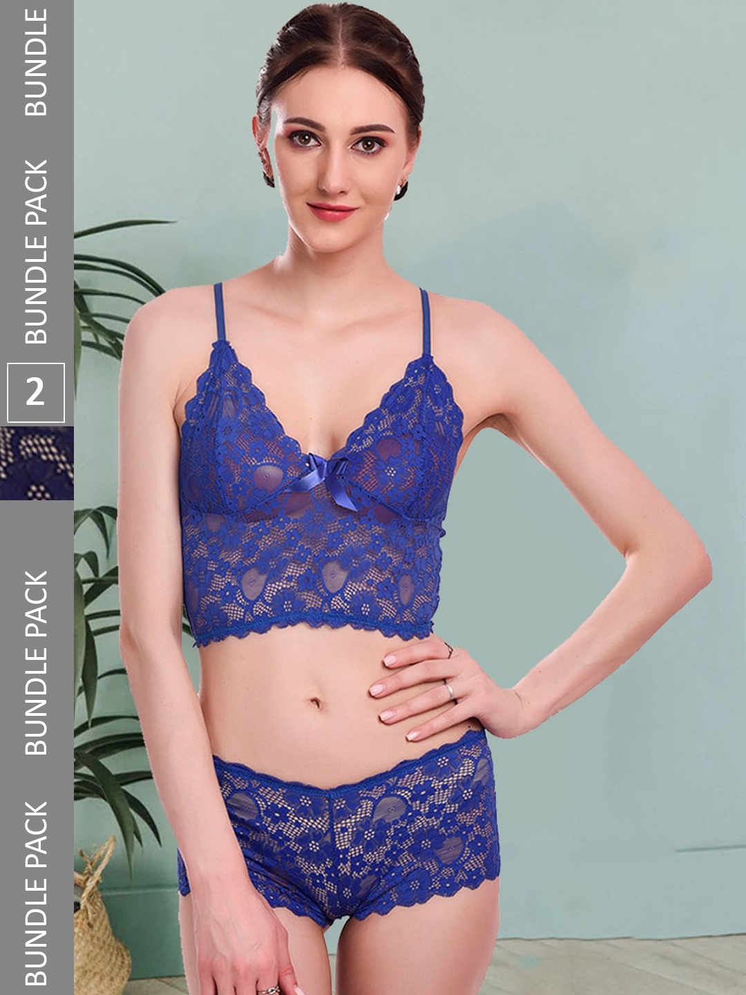 

Fleurt Pack Of 2 Self Design Non Padded Lingerie Set Fleurt-Set-170-R.BL-206-N.BL-S, Blue