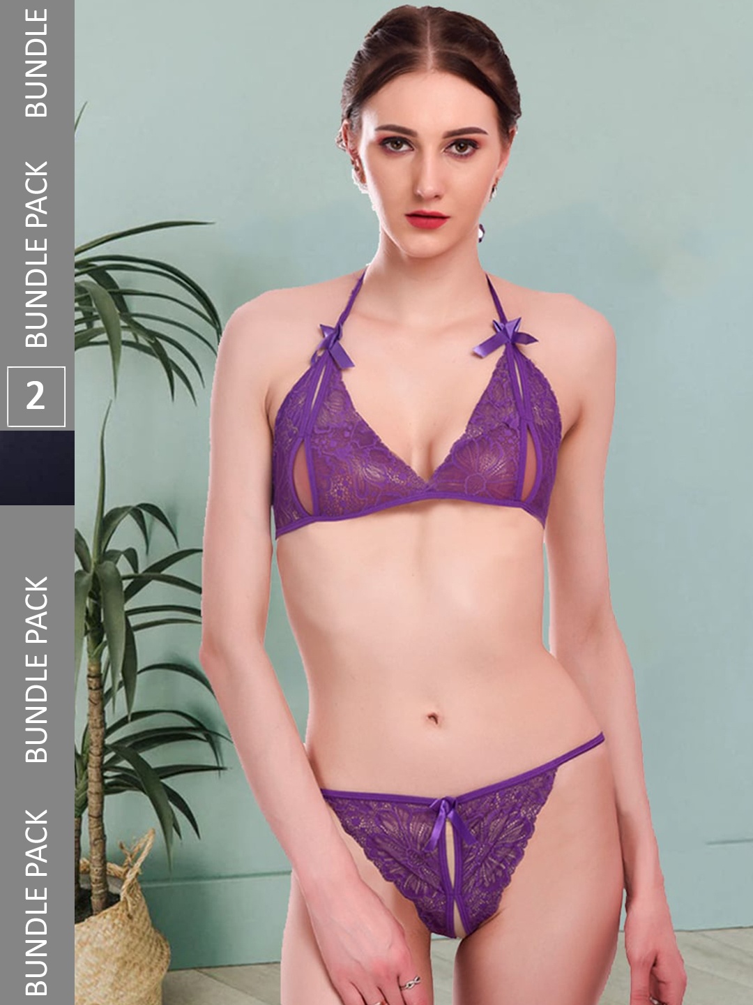 

Fleurt Pack Of 2 Self Designed Laced Lingerie Sets, Purple
