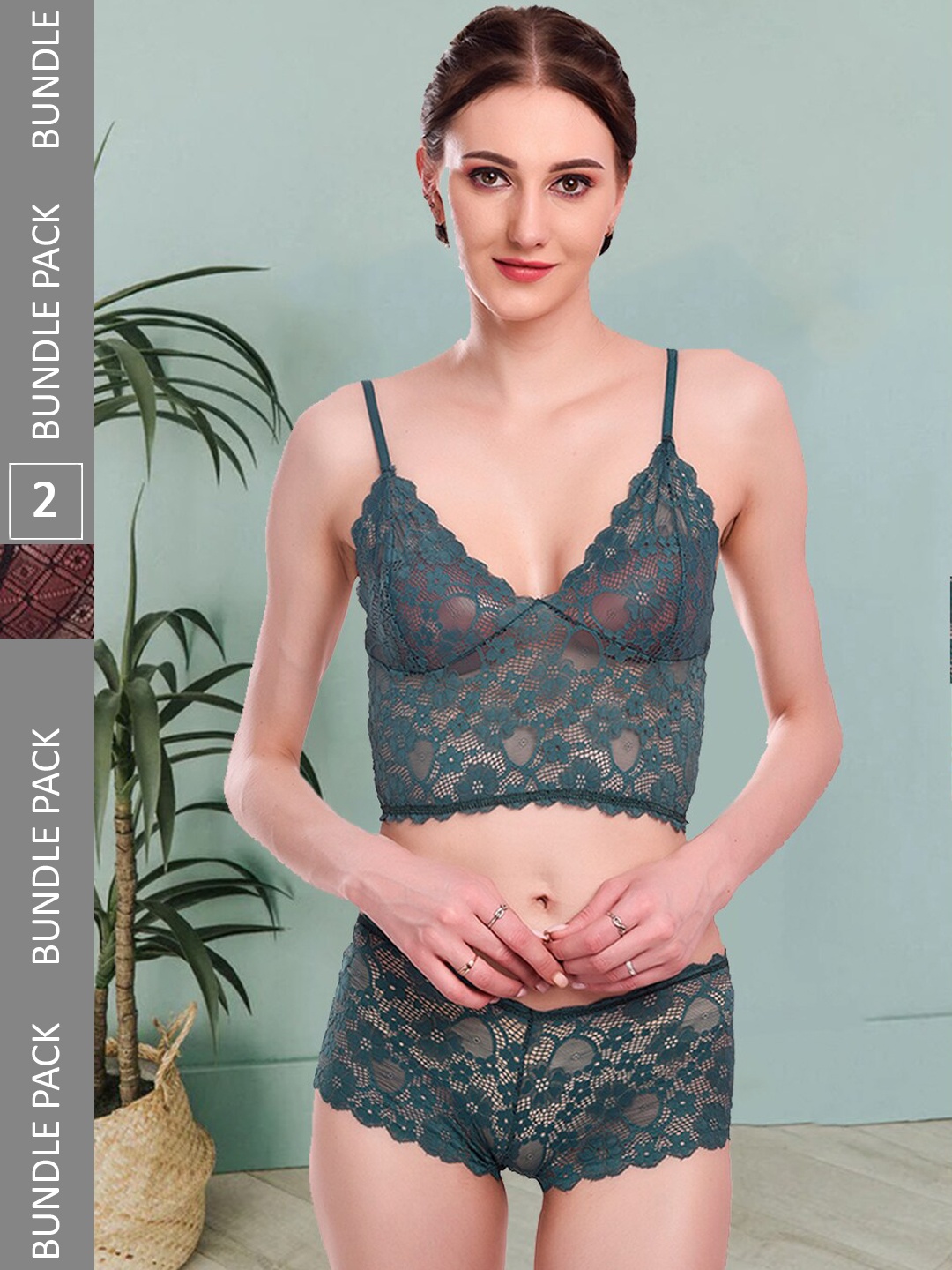

Fleurt Pack Of 2 Self-Design Lace Lingerie Set, Green