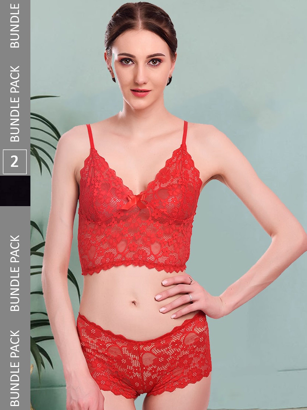 

Fleurt Pack Of 2 Self Design Lace Lingerie SetFleurt-Set-170-RD-Bikini RG-S, Red
