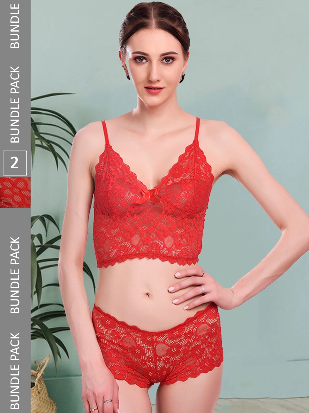 

Fleurt Pack Of 2 Self Design Lace Lingerie Set, Red