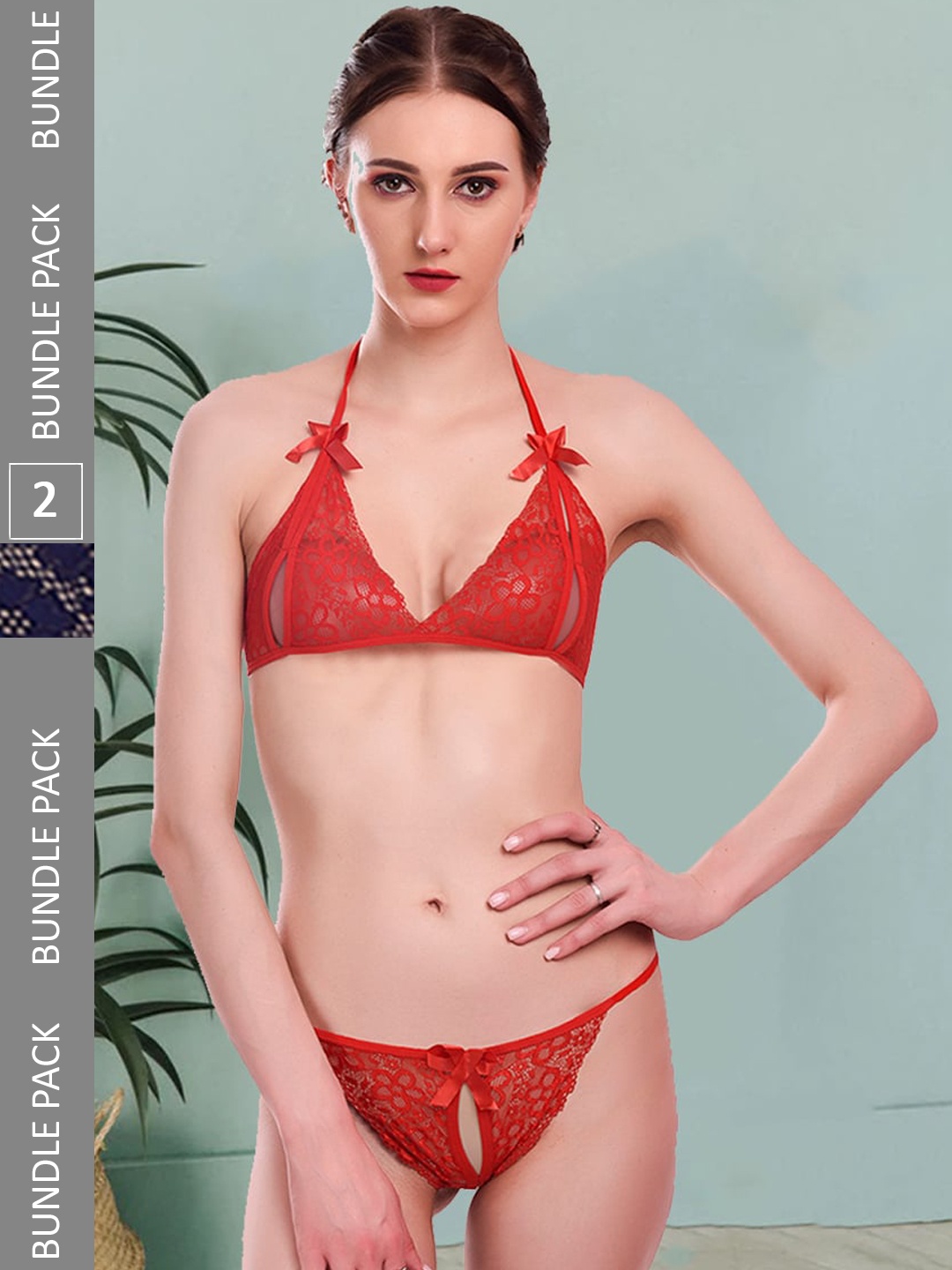 

Fleurt Pack Of 2 Self Designed Laced Lingerie Sets, Red