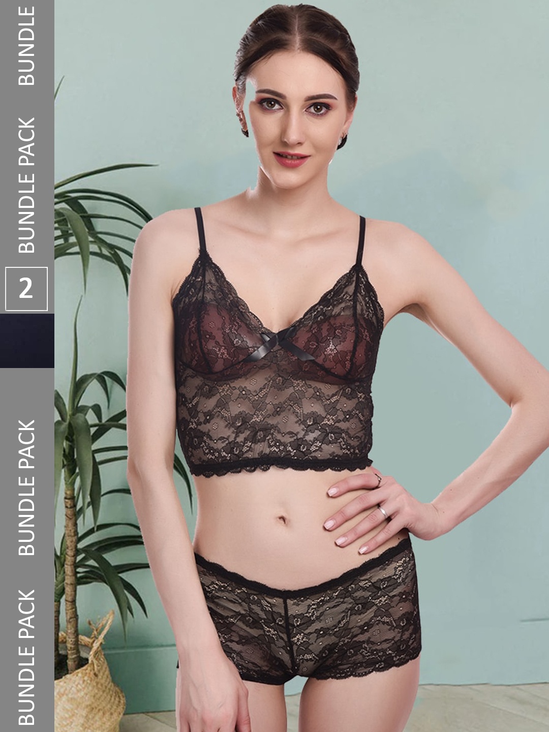 

Fleurt Pack Of 2 Self Design Lace Lingerie Set, Black