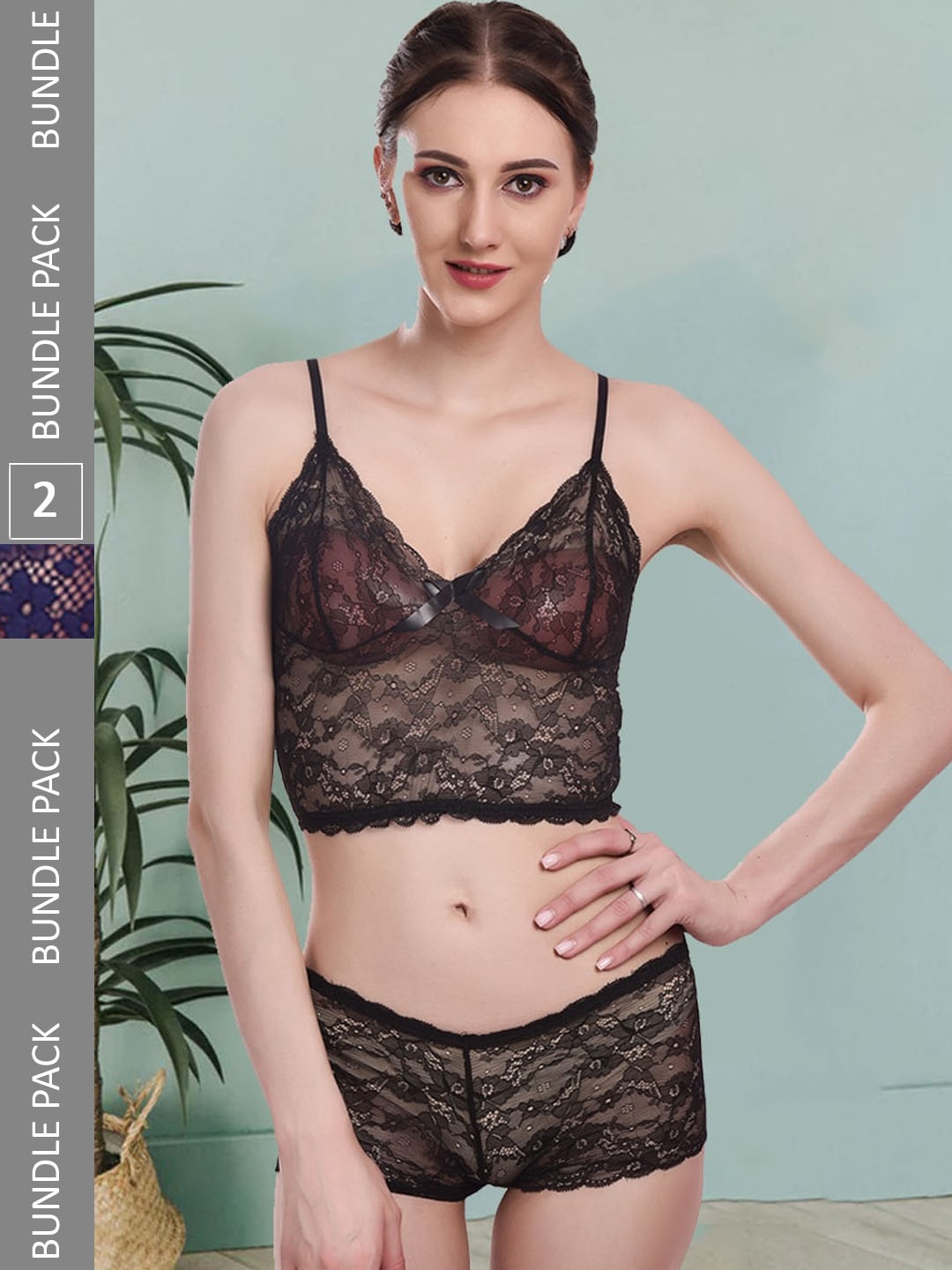 

Fleurt Pack Of 2 Self-Design Lace Lingerie Set, Black
