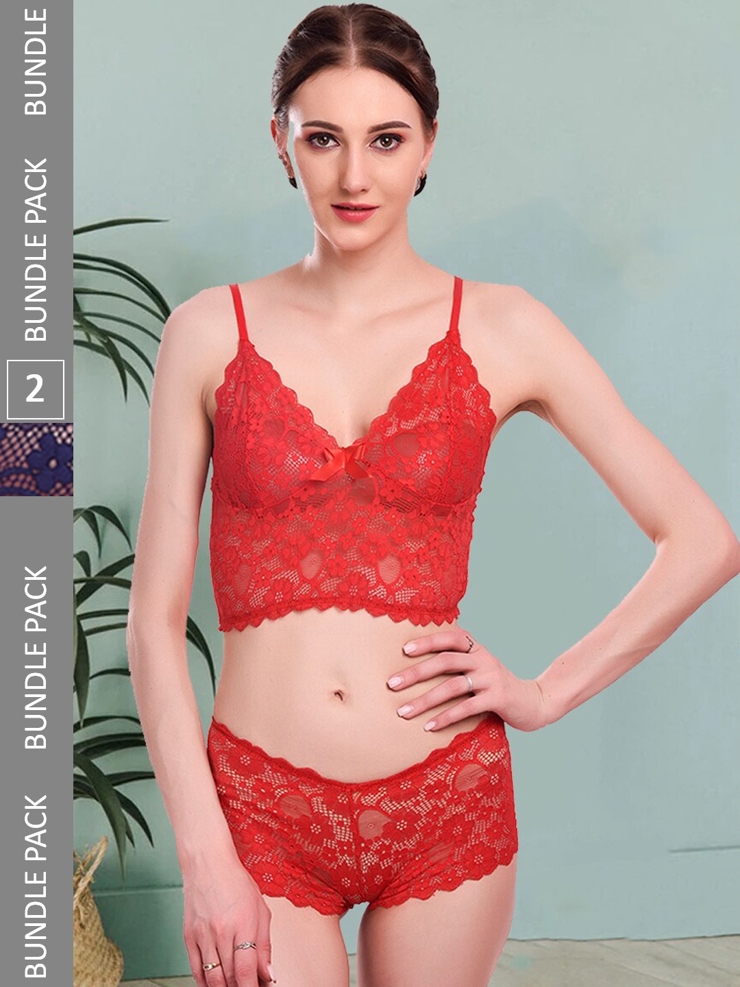 

Fleurt Pack Of 2 Self Design Non Padded Lingerie Set Fleurt-Set-170-RD-206-N.BL-S, Red