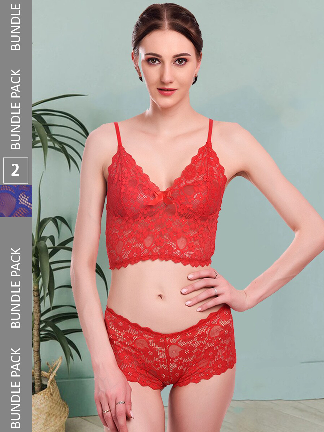 

Fleurt Self-Design Lace Lingerie Set, Red