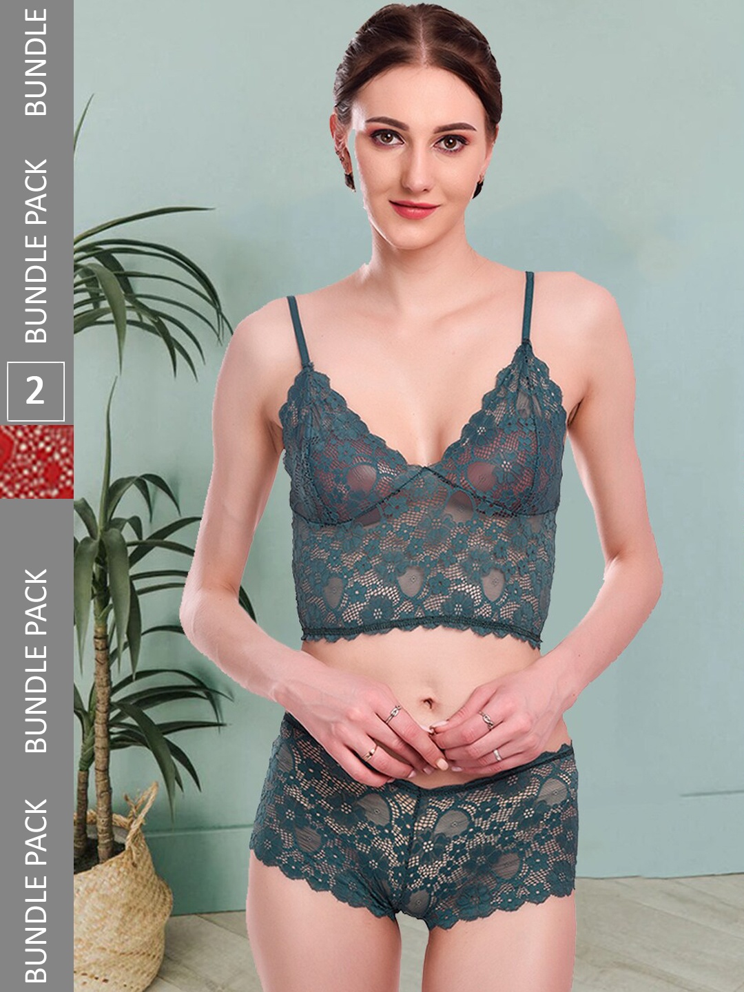 

Fleurt Pack Of 2 Self Design Lingerie Set Fleurt-Set-170-GR-208-NEW-RD-S, Green