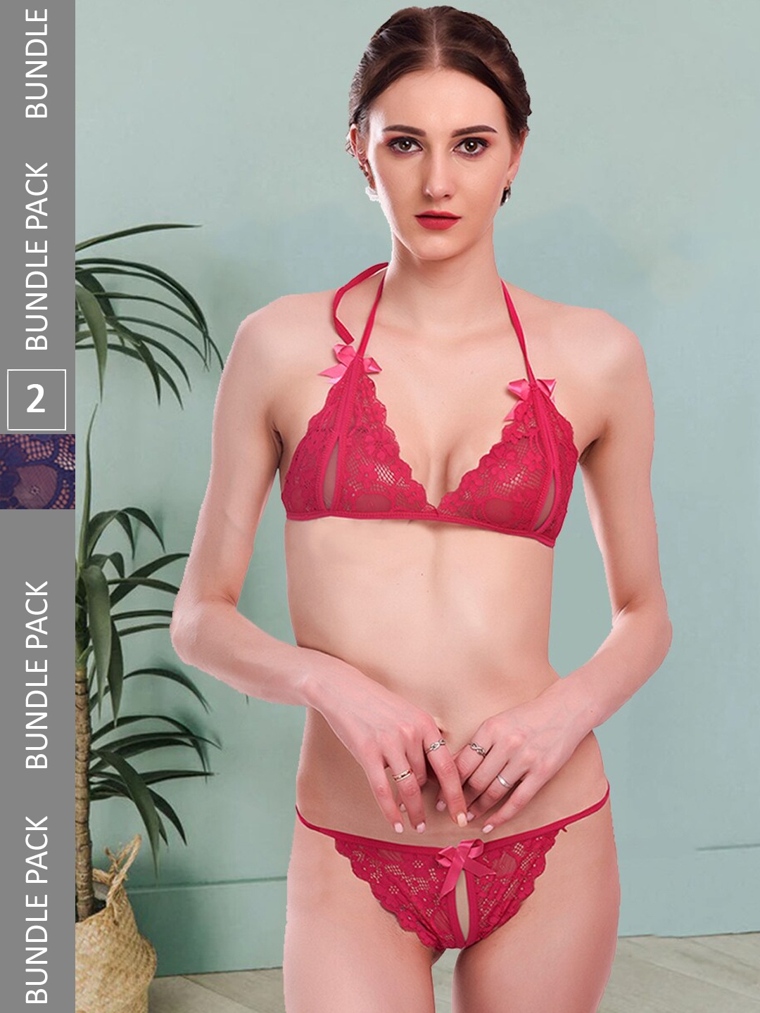 

Fleurt Pack Of 2 Self-Design Lace Lingerie Set, Maroon