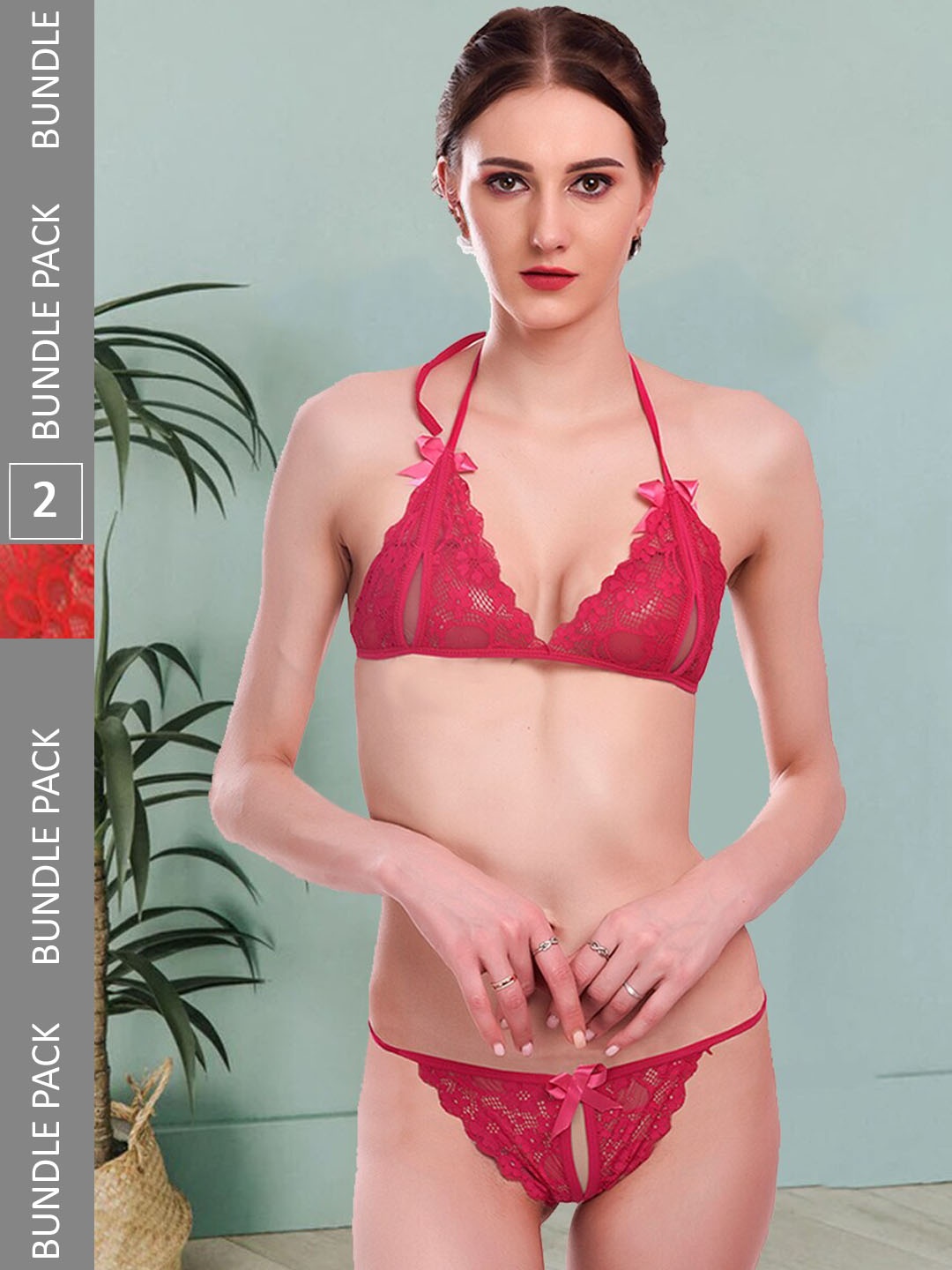 

Fleurt Pack Of 2 Self-Design Lace Lingerie Set, Maroon