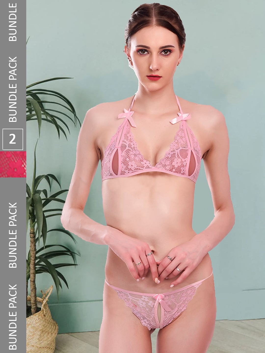 

Fleurt Pack Of 2 Self-Design Lace Lingerie Set, Pink