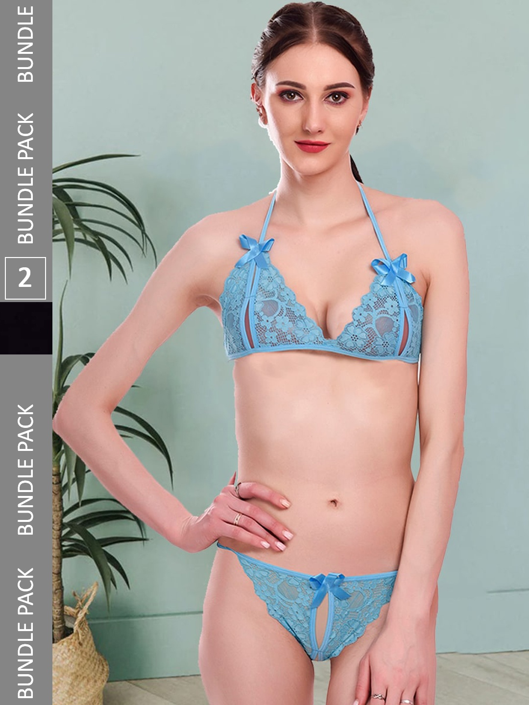 

Fleurt Pack Of 2 Self-Design Laced Lingerie Set, Turquoise blue