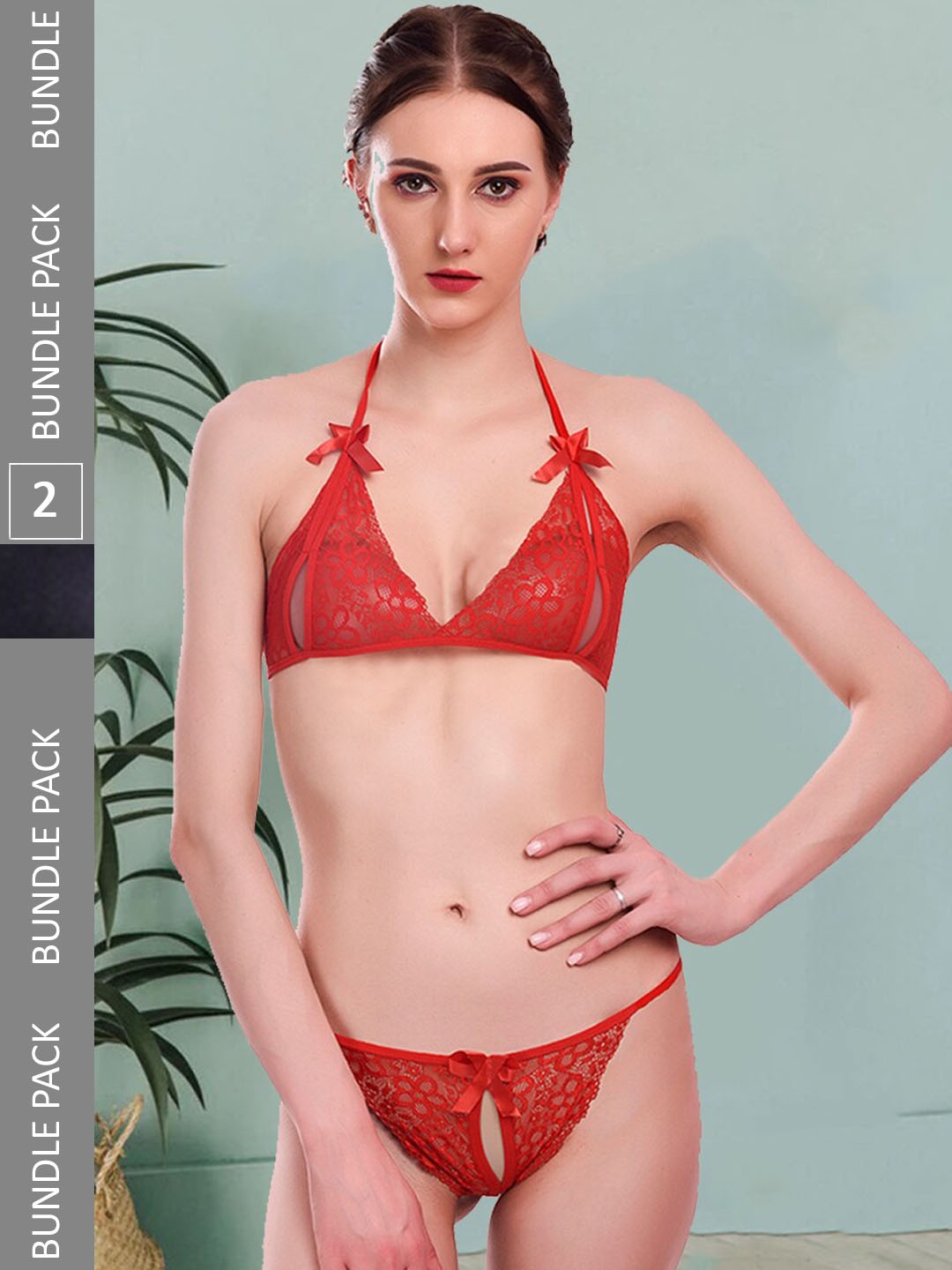 

Fleurt Pack Of 2 Self-Design Lace Lingerie Set Fleurt-Set-206-RD-Bikini RG-S, Red