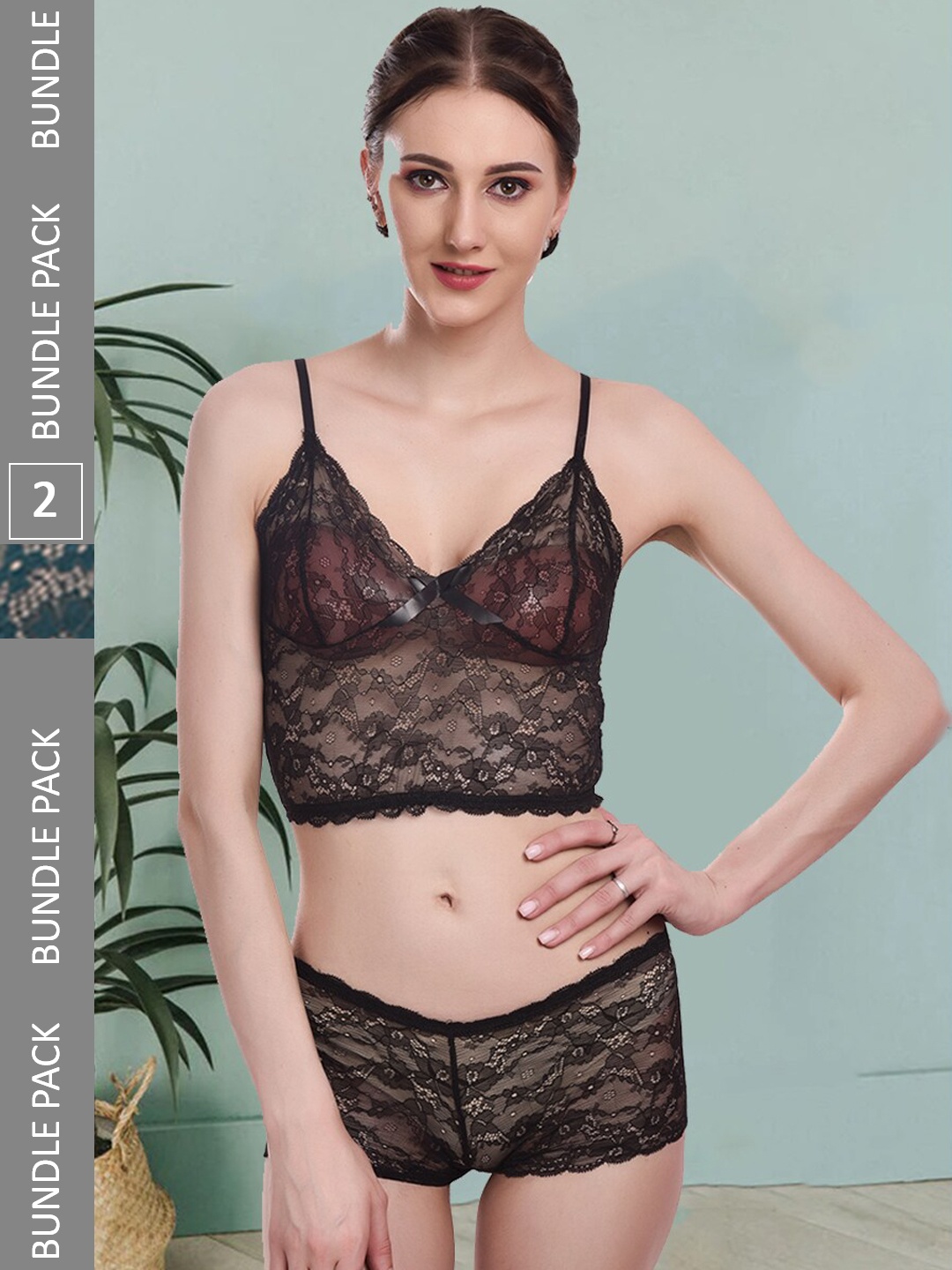 

Fleurt Pack Of 2 Self Design Lace Lingerie Set Fleurt-Set-170-BK-170-GR-S, Black
