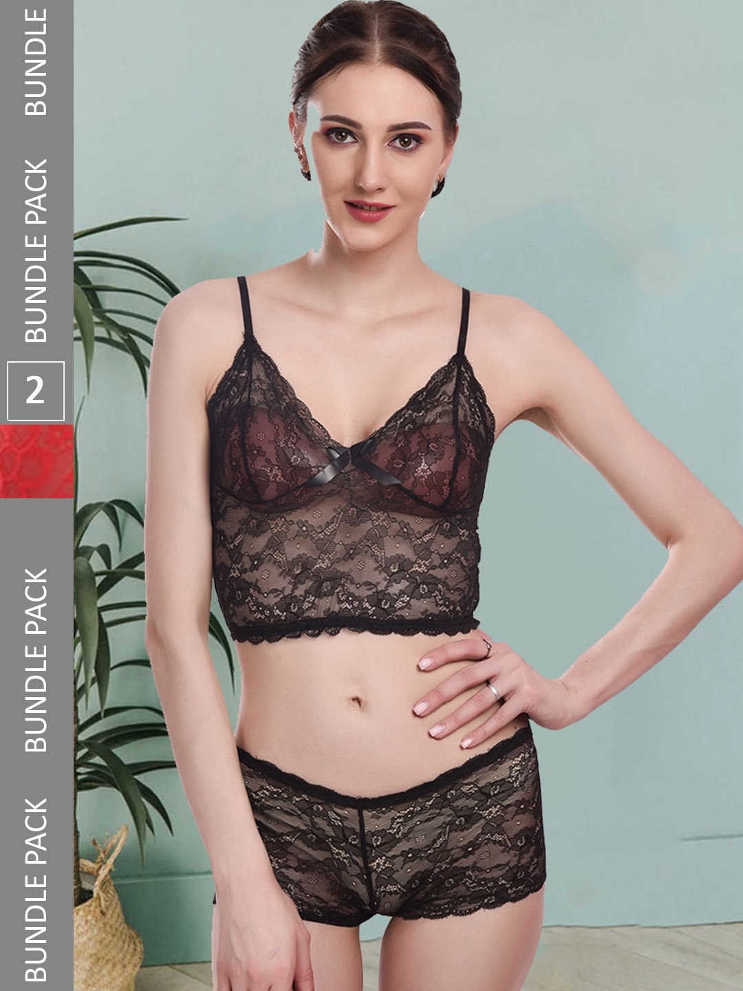

Fleurt Pack Of 2 Self-Design Lace Lingerie Set, Black