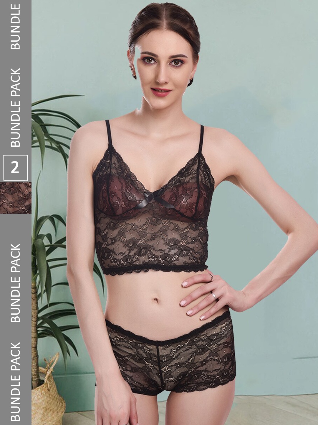 

Fleurt Pack Of 2 Self-Design Lace Lingerie Set, Black