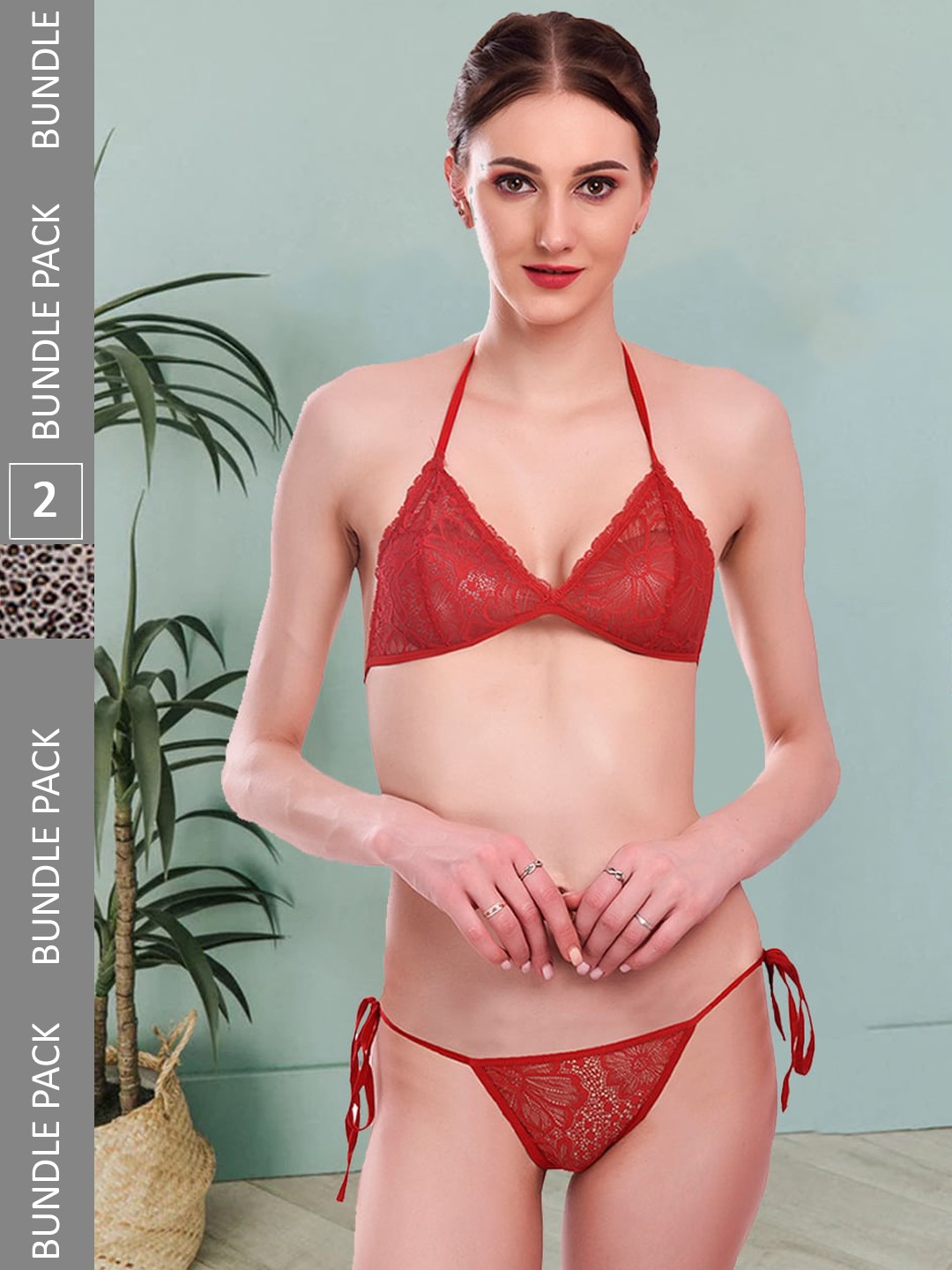

Fleurt Pack Of 2 Self-Design Lace Lingerie Set, Red