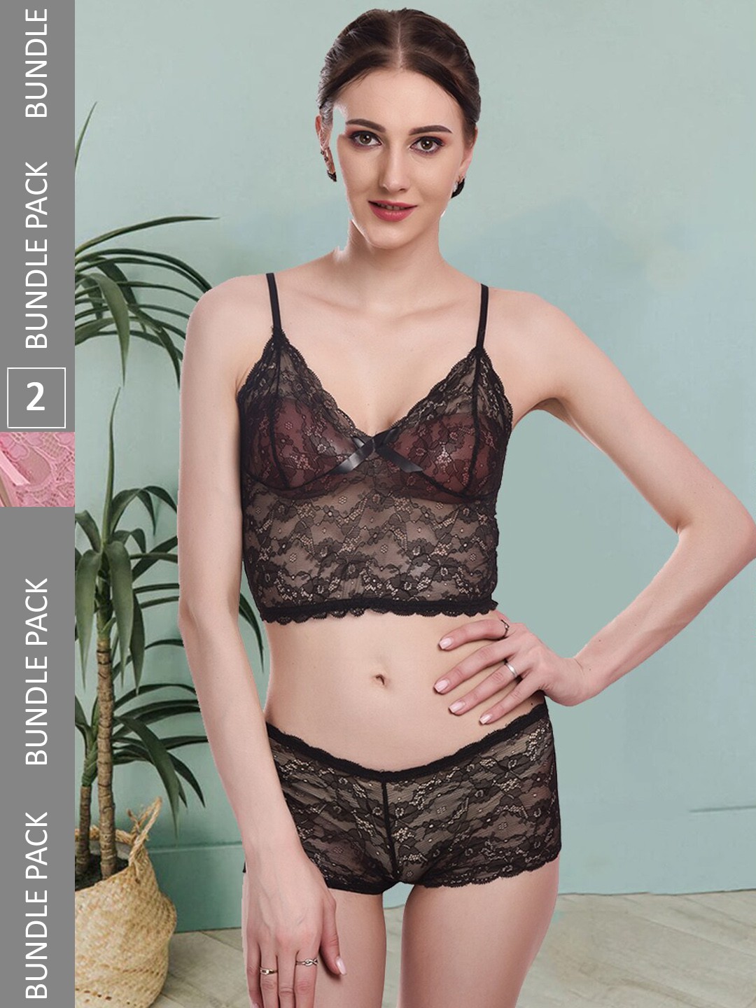 

Fleurt Pack Of 2 Self-Design Lace Lingerie Set, Black