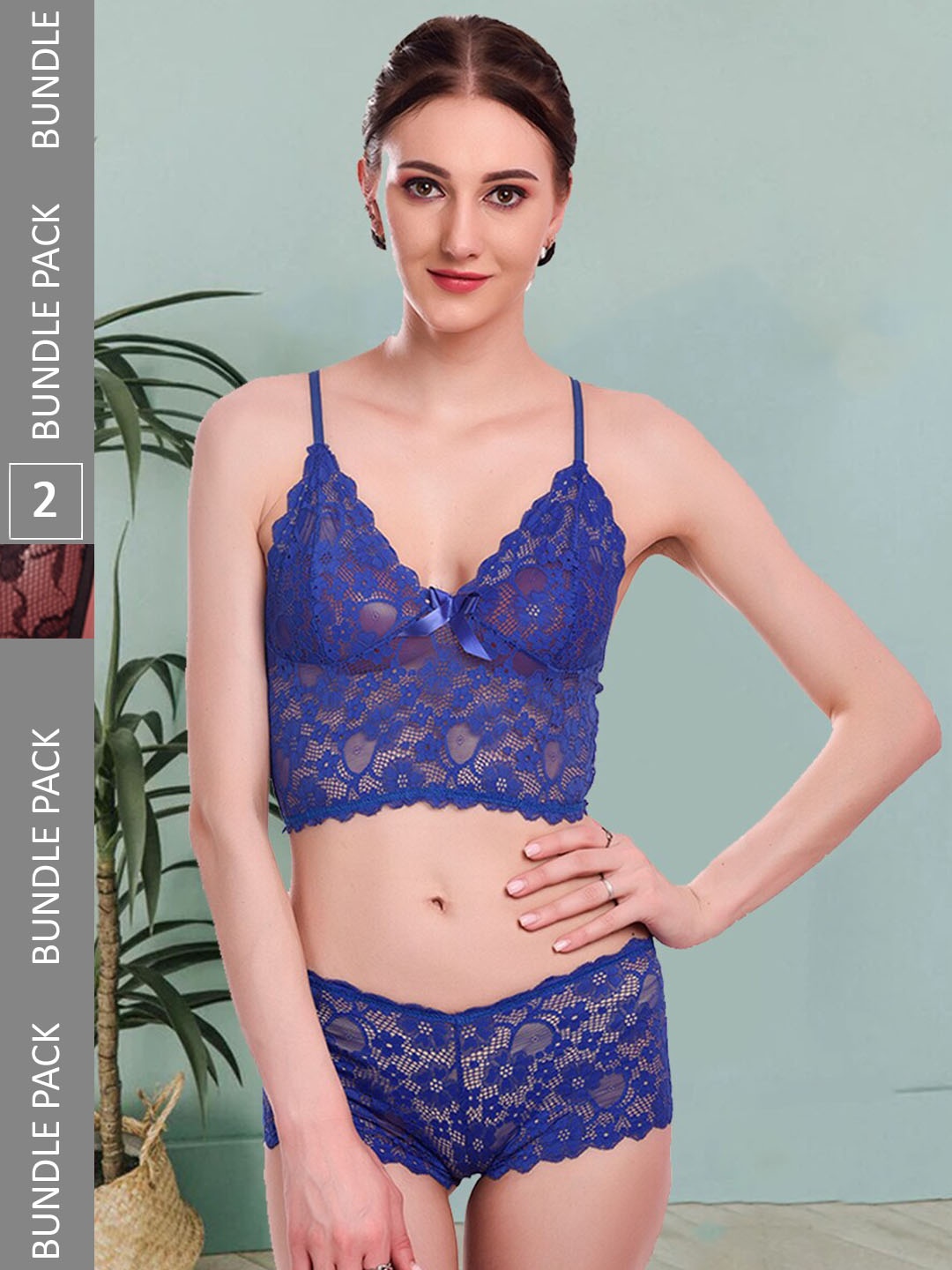 

Fleurt Pack Of 2 Self Design Lingerie Set Fleurt-Set-170-R.BL-206-BK-S, Blue
