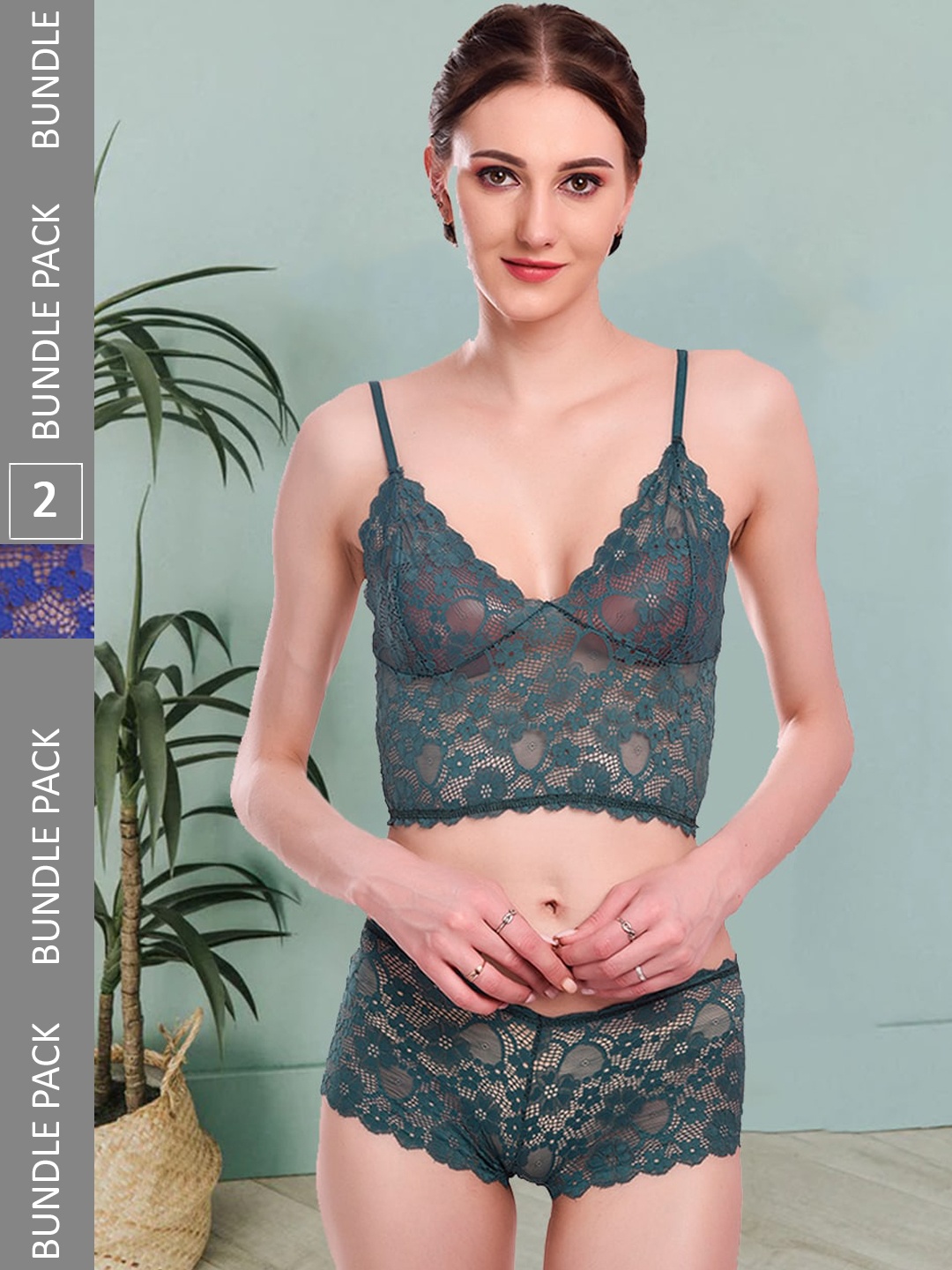 

Fleurt Pack Of 2 Self Design Non Padded Lingerie Set Fleurt-Set-170-GR-170-R.BL-S, Green