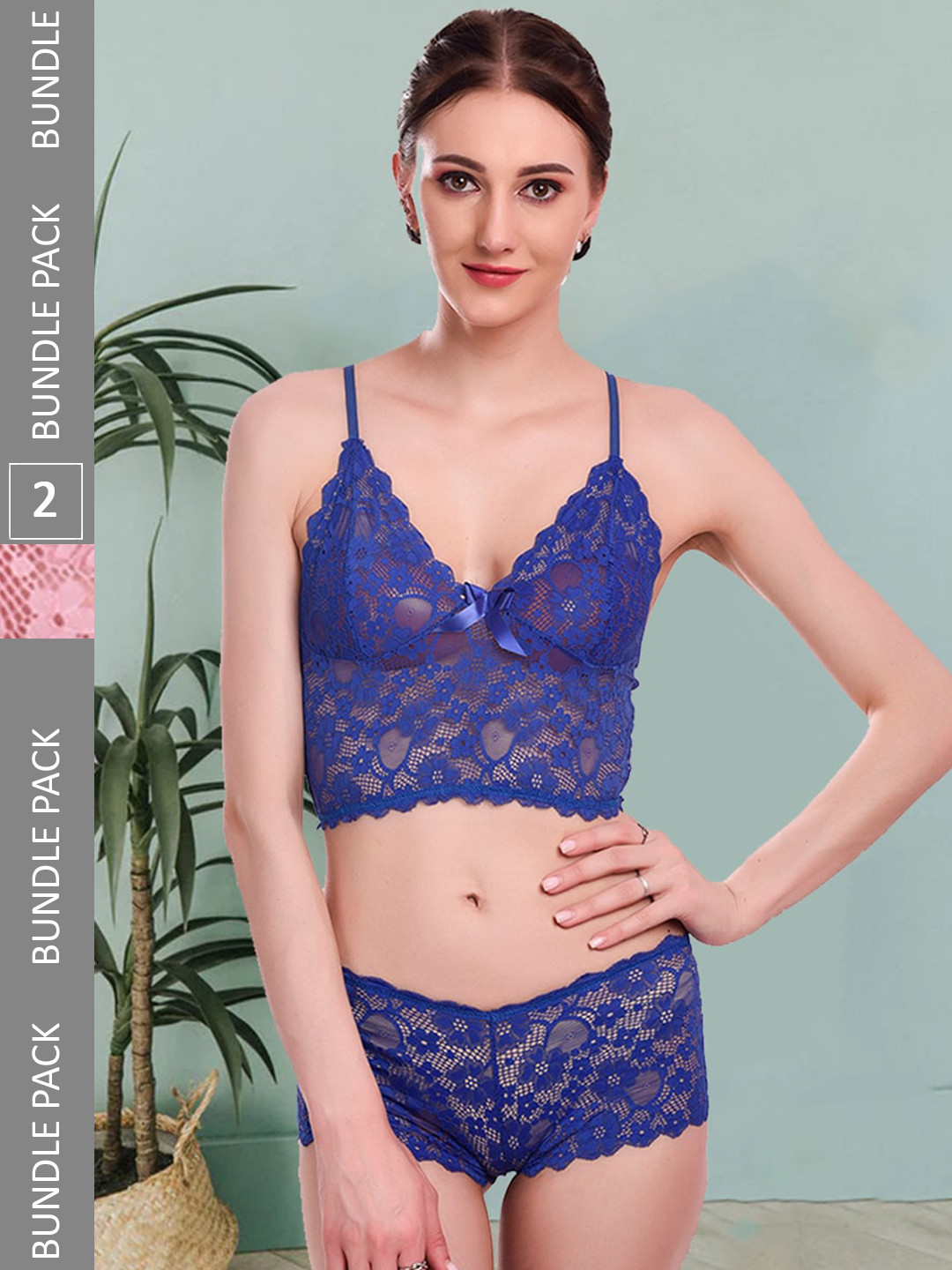 

Fleurt Pack Of 2 Self Design Lace Lingerie Set, Blue