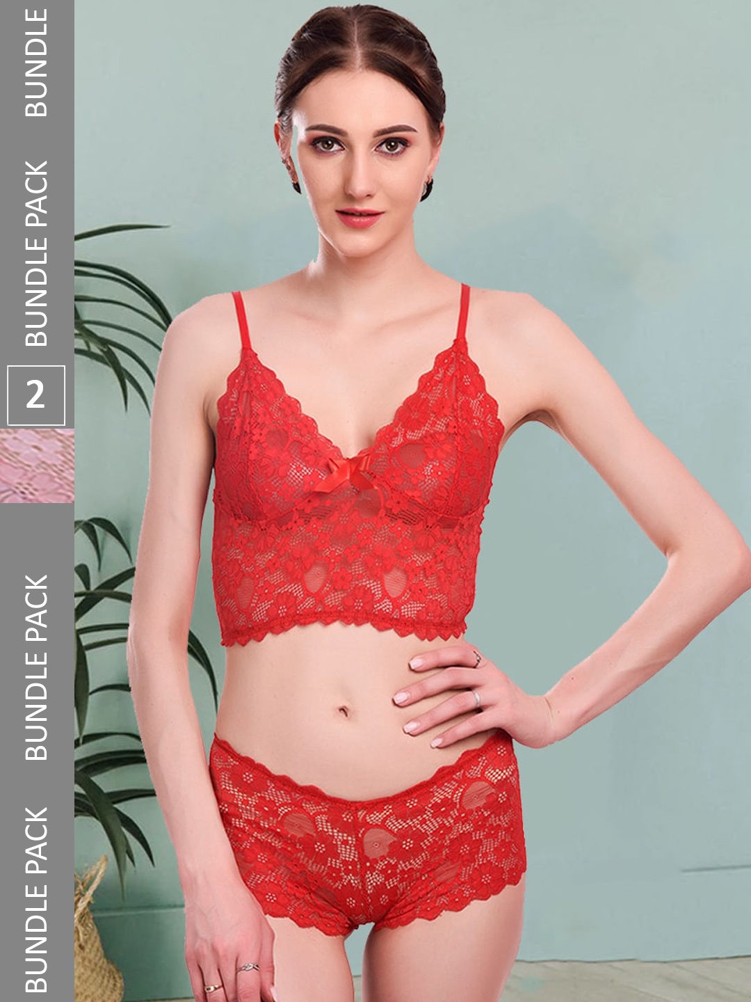 

Fleurt Pack Of 2 Self Design Non Padded Lingerie Set Fleurt-Set-170-RD-206-PK-S, Red
