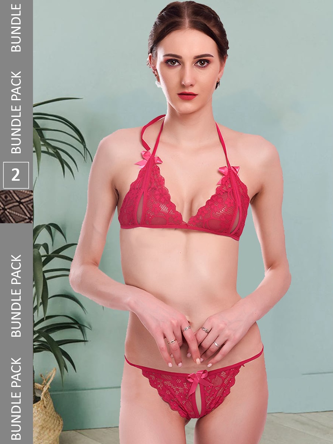 

Fleurt Pack Of 2 Self-Design Laced Lingerie Set Fleurt-Set-206-MR-208-NEW-BK-S, Maroon