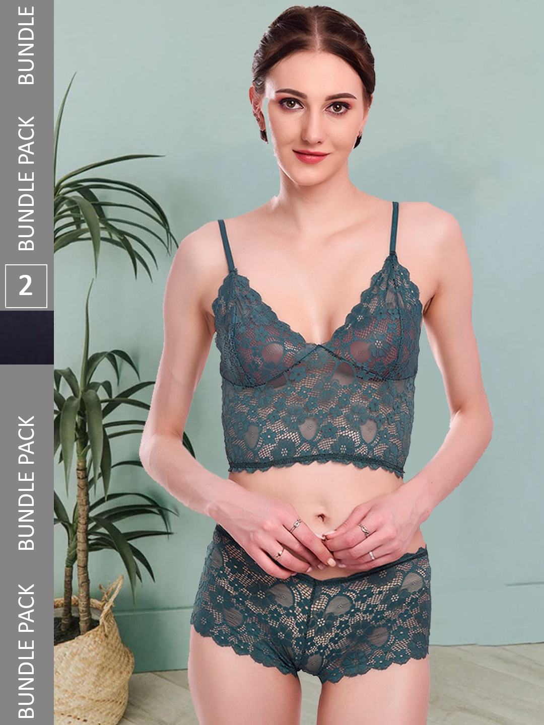

Fleurt Pack Of 2 Self-Design Lace Lingerie Set, Green
