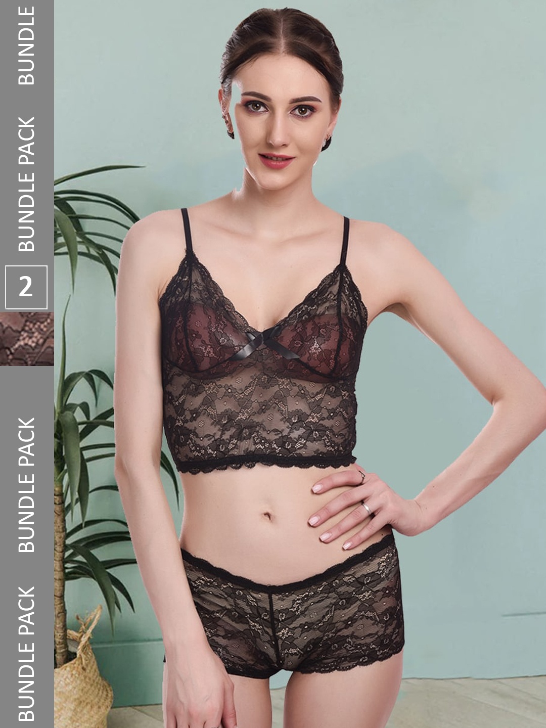 

Fleurt Pack Of 2 Self Design Non Padded Lingerie Set- Fleurt-Set-170-BK-208-NEW-BK-S, Black